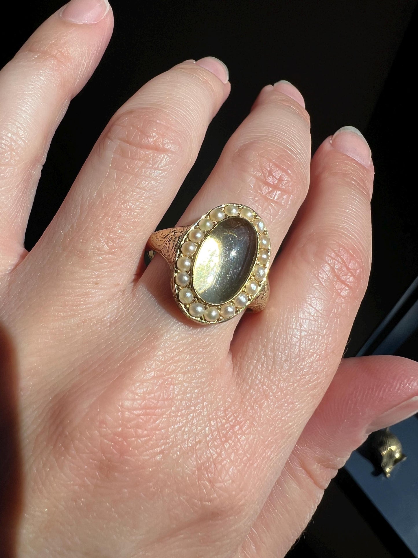 LOCKET Back Ring 18k Gold PEARL Halo Magnifying Lens Ornate 3D Hand Engraved OPENS Hinged Compartment Band Romantic Gift Love Token Scrolled