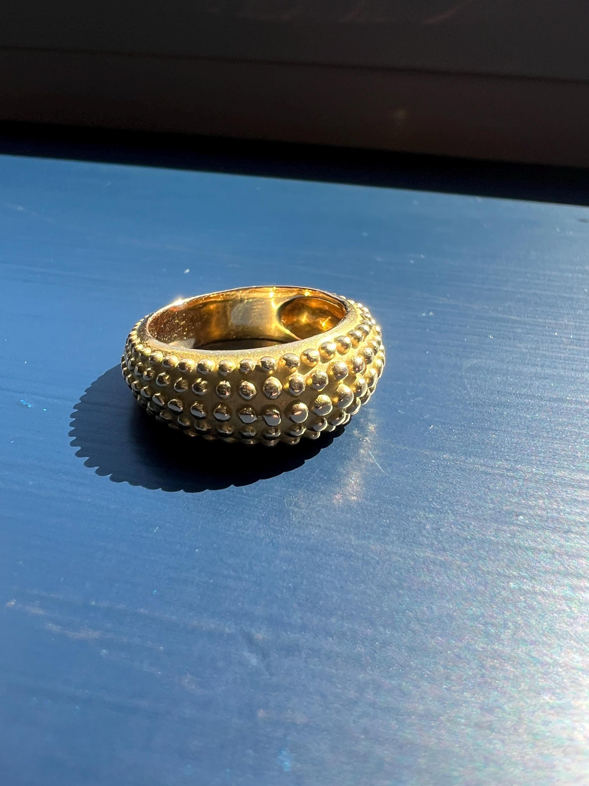 Heavy Ball Rivet Domed Band French Beaded 18k Gold Ring Satin & Shine Chunky Bombe Stacker Glowing 360 Texture Layering Statement Fun Retro