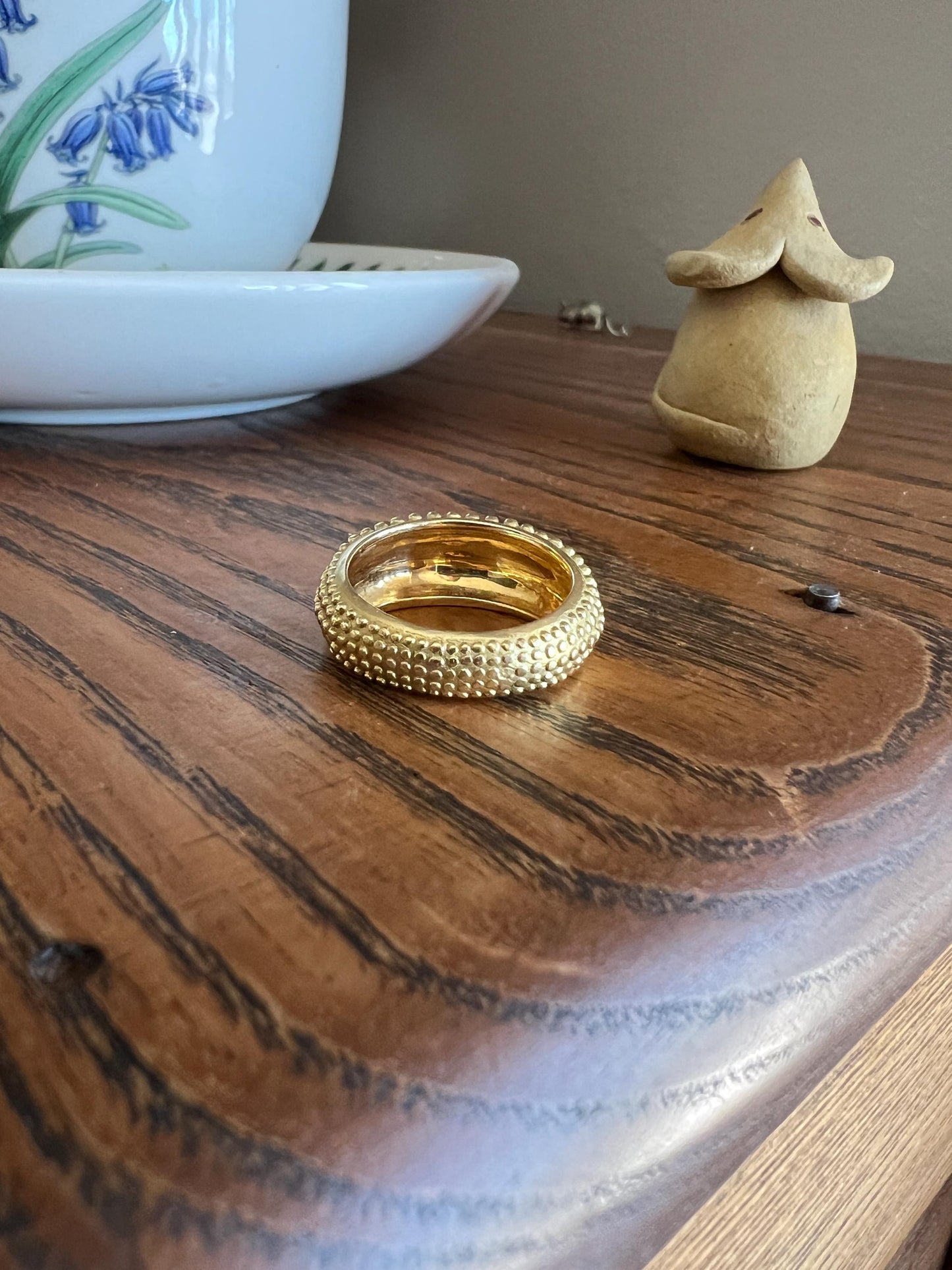 Heavy Ball Rivet Domed Band French Beaded 18k Gold Ring Satin & Shine Chunky Bombe Stacker Glowing 360 Texture Layering Statement Fun Retro