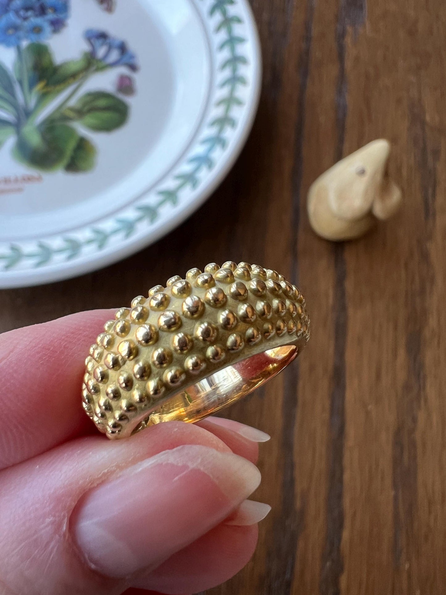 Heavy Ball Rivet Domed Band French Beaded 18k Gold Ring Satin & Shine Chunky Bombe Stacker Glowing 360 Texture Layering Statement Fun Retro