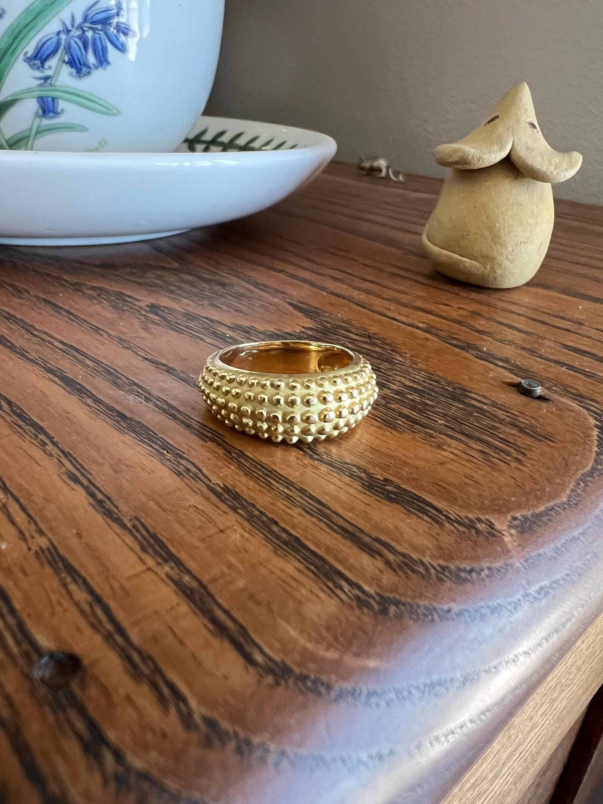 Heavy Ball Rivet Domed Band French Beaded 18k Gold Ring Satin & Shine Chunky Bombe Stacker Glowing 360 Texture Layering Statement Fun Retro