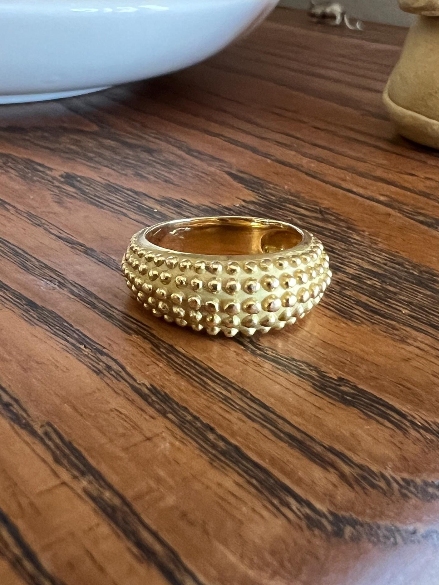 Heavy Ball Rivet Domed Band French Beaded 18k Gold Ring Satin & Shine Chunky Bombe Stacker Glowing 360 Texture Layering