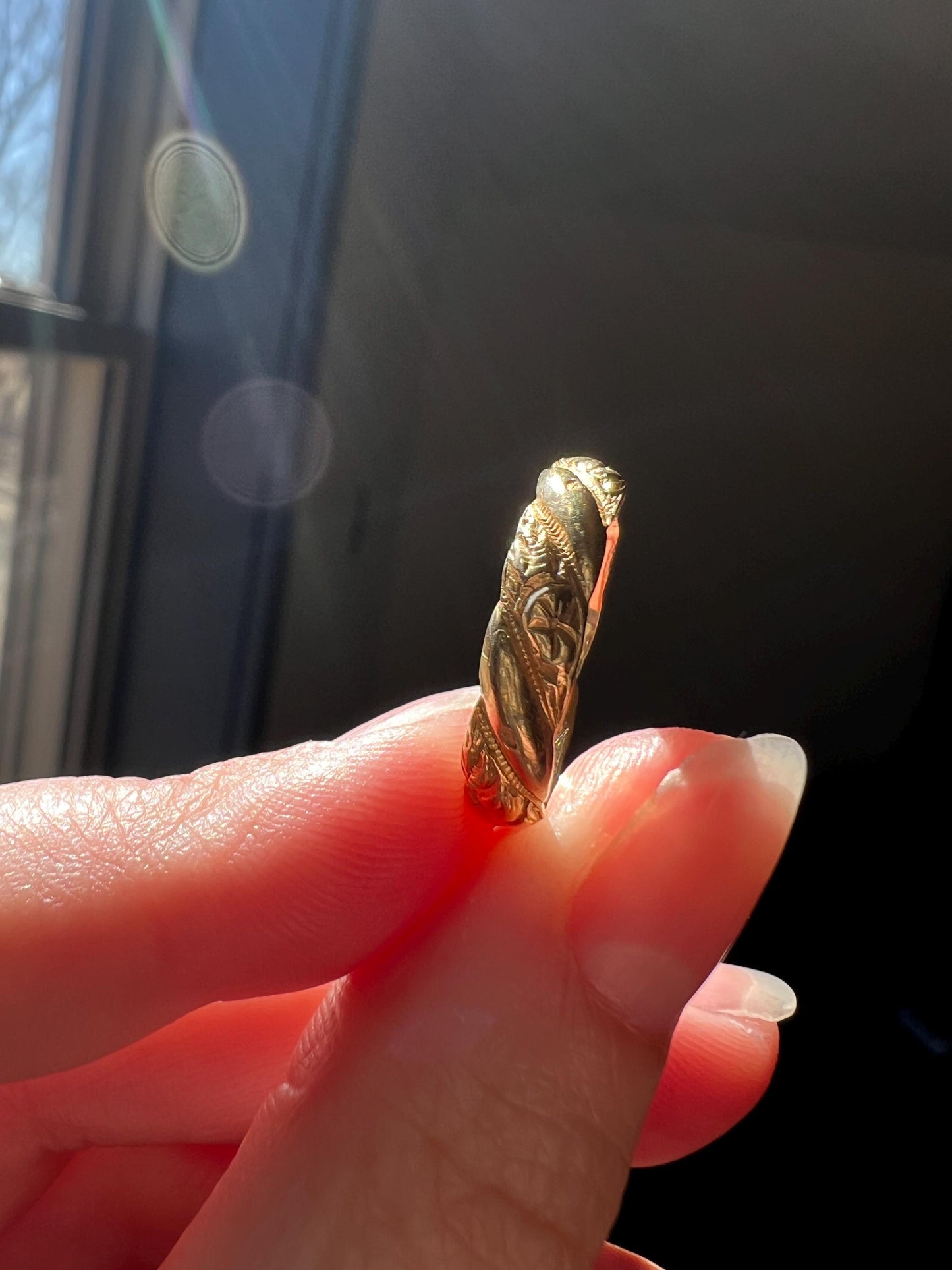 FLORAL Embossed Angled Scrolled Victorian French ANTIQUE Hallmark Wedding Band 18k Gold Solid Eternity Ring Engraved Stacker Love Gift