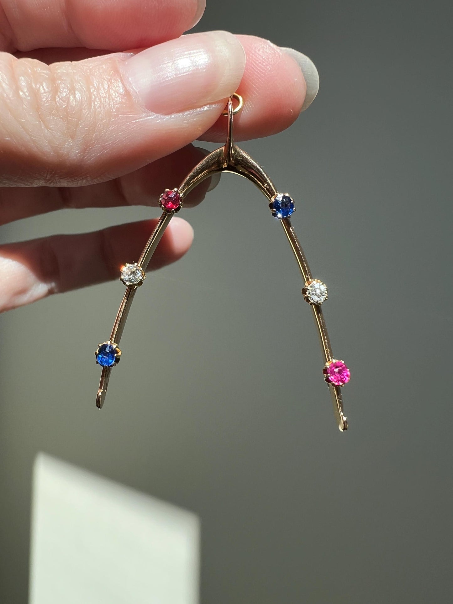 XL Lucky WISHBONE Figural Antique Victorian Good Luck Charm 15k Gold Ruby Sapphire Old Mine Cut Diamond Colorful Amulet Neckmess Neckstack