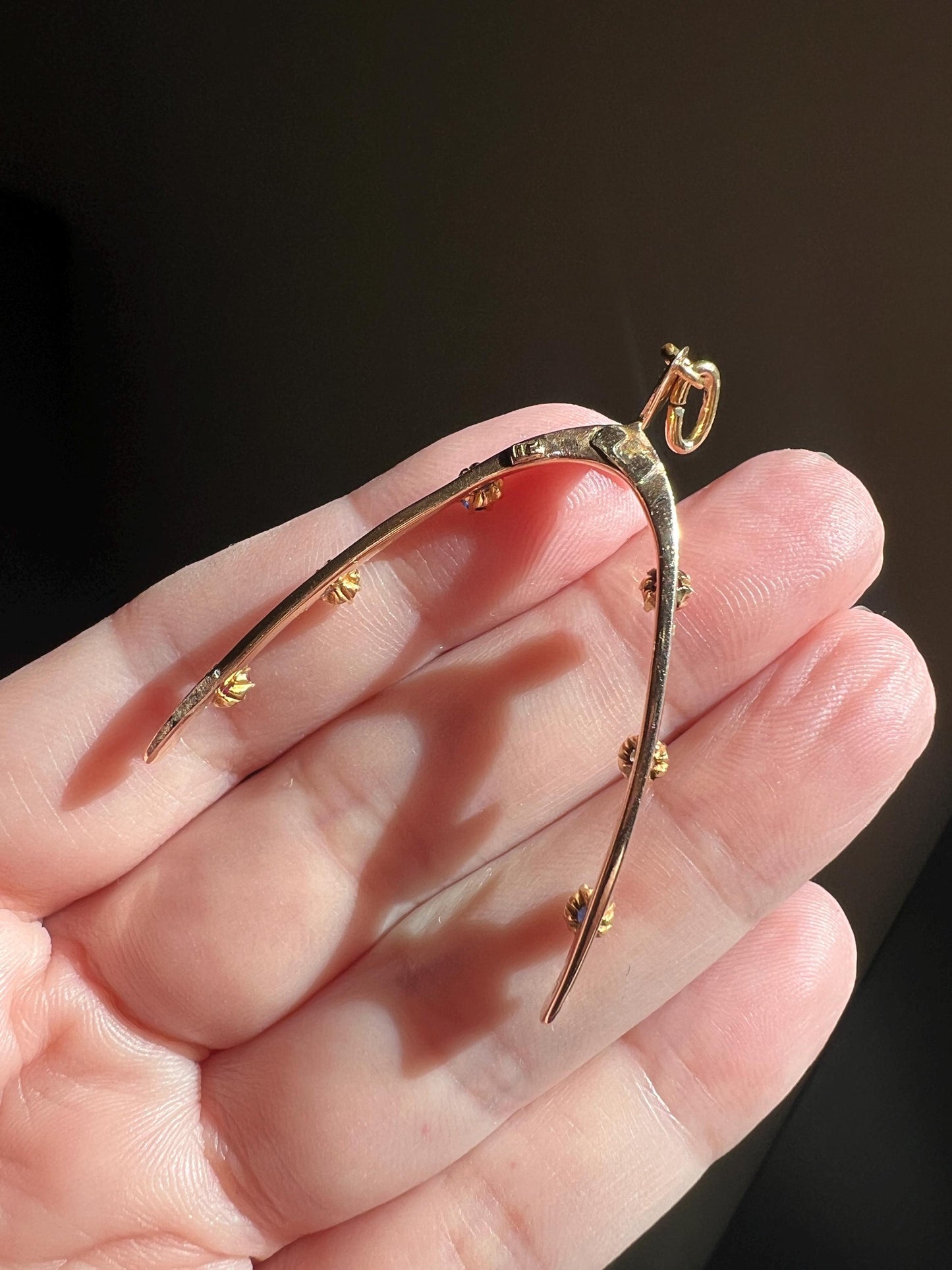 XL Lucky WISHBONE Figural Antique Victorian Good Luck Charm 15k Gold Ruby Sapphire Old Mine Cut Diamond Colorful Amulet Neckmess Neckstack