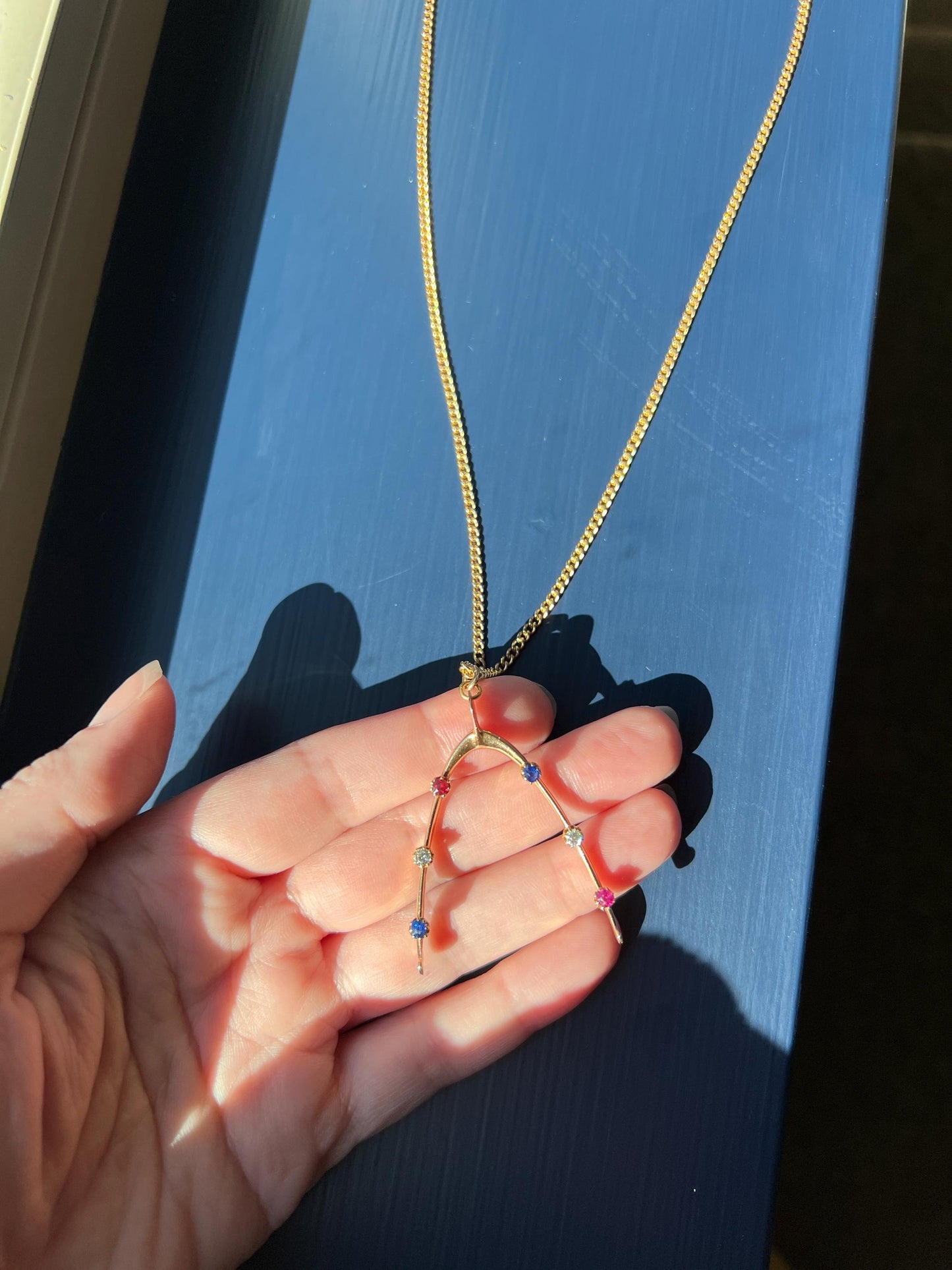 XL Lucky WISHBONE Figural Antique Victorian Good Luck Charm 15k Gold Ruby Sapphire Old Mine Cut Diamond Colorful Amulet Neckmess Neckstack