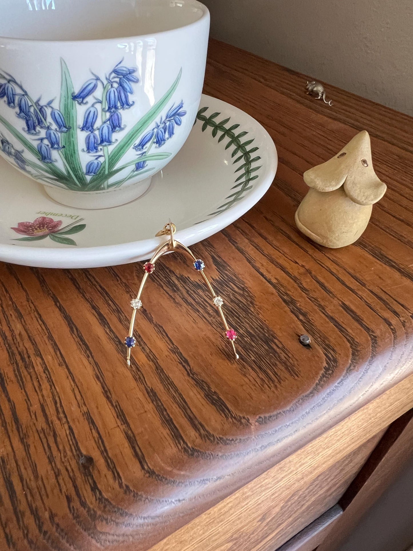 XL Lucky WISHBONE Figural Antique Victorian Good Luck Charm 15k Gold Ruby Sapphire Old Mine Cut Diamond Colorful Amulet Neckmess Neckstack