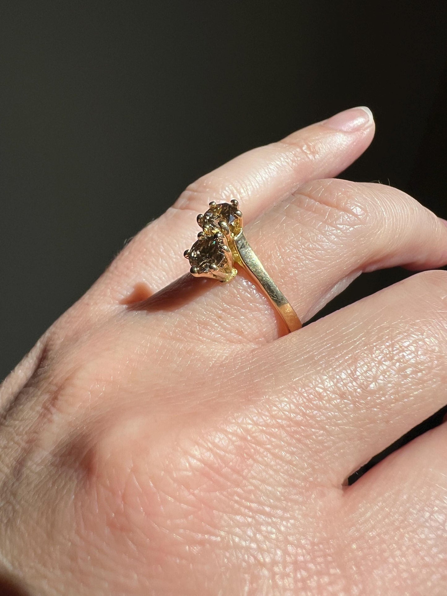 Fancy BROWN 1 Carat Tdw Transitional Cut DIAMOND Toi et Moi Ring 18k Gold Tall Champagne Cognac Stacker French Unique Romantic Gift 1Ctw