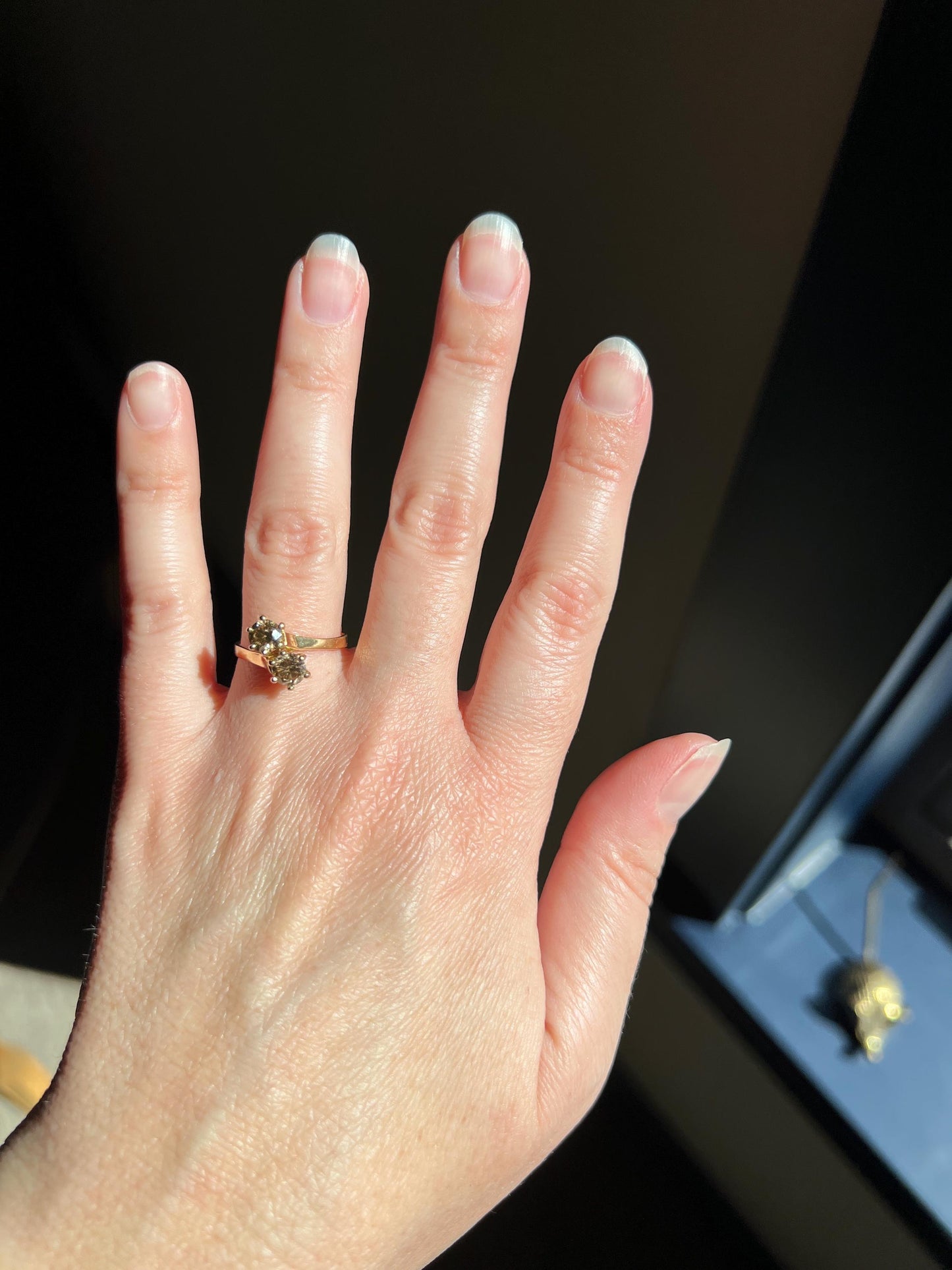 Fancy BROWN 1 Carat Tdw Transitional Cut DIAMOND Toi et Moi Ring 18k Gold Tall Champagne Cognac Stacker French Unique Romantic Gift 1Ctw