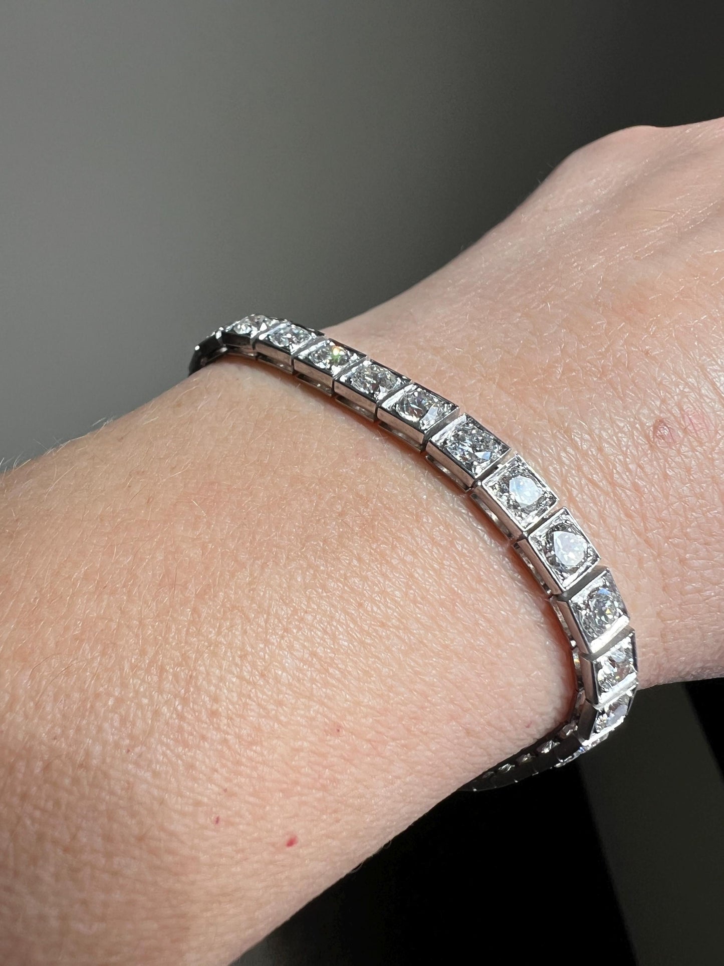 Antique 9.5 CARAT 35 Old European & Mine Cut DIAMOND Line Riviera Tennis Bracelet Platinum French Square Bezel Rivere Wriststack 9.5Ctw OmC