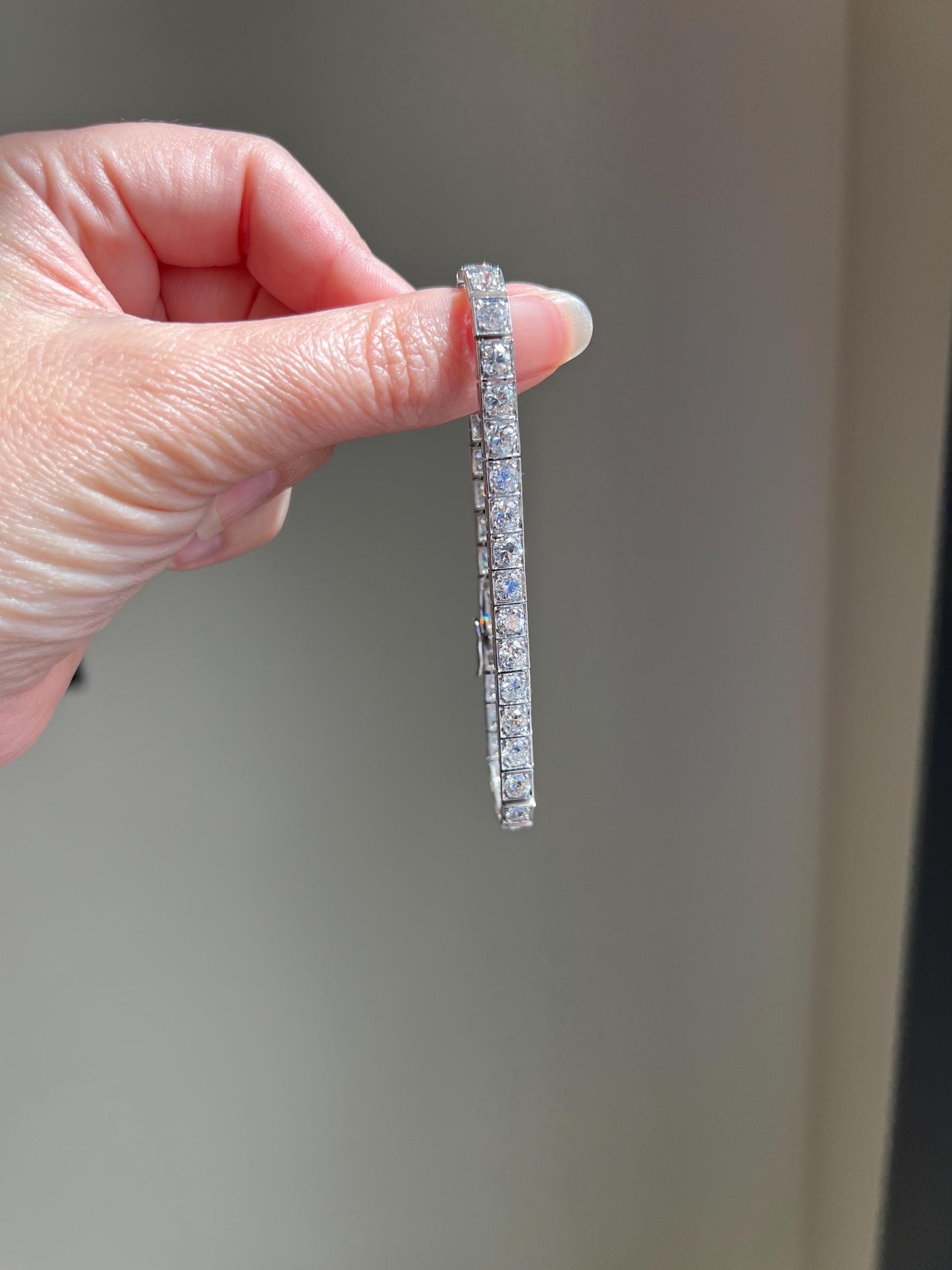 Antique 9.5 CARAT 35 Old European & Mine Cut DIAMOND Line Riviera Tennis Bracelet Platinum French Square Bezel Rivere Wriststack 9.5Ctw OmC