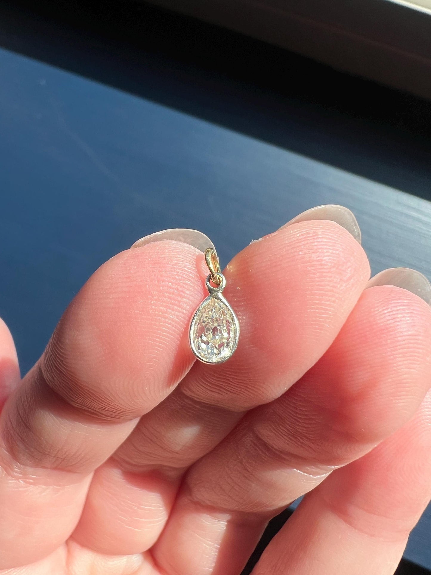 Antique .54 Carat PEAR Natural Old Mine Cut DIAMOND Chunky Dangle Pendant 18k White Gold 9k YG Loop Minimalist Bracelet Necklace Charm OmC