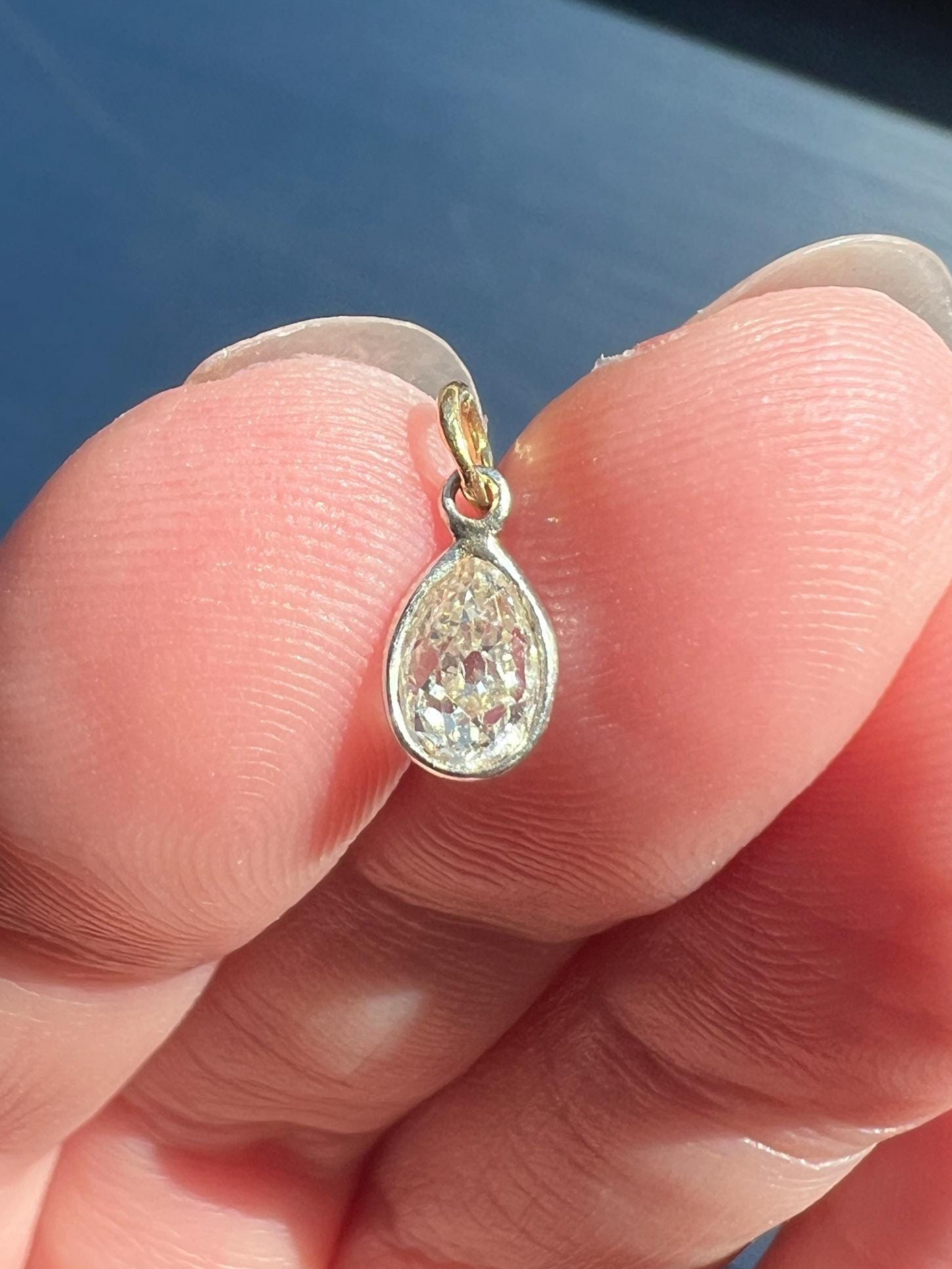 Antique .54 Carat PEAR Natural Old Mine Cut DIAMOND Chunky Dangle Pendant 18k White Gold 9k YG Loop Minimalist Bracelet Necklace Charm