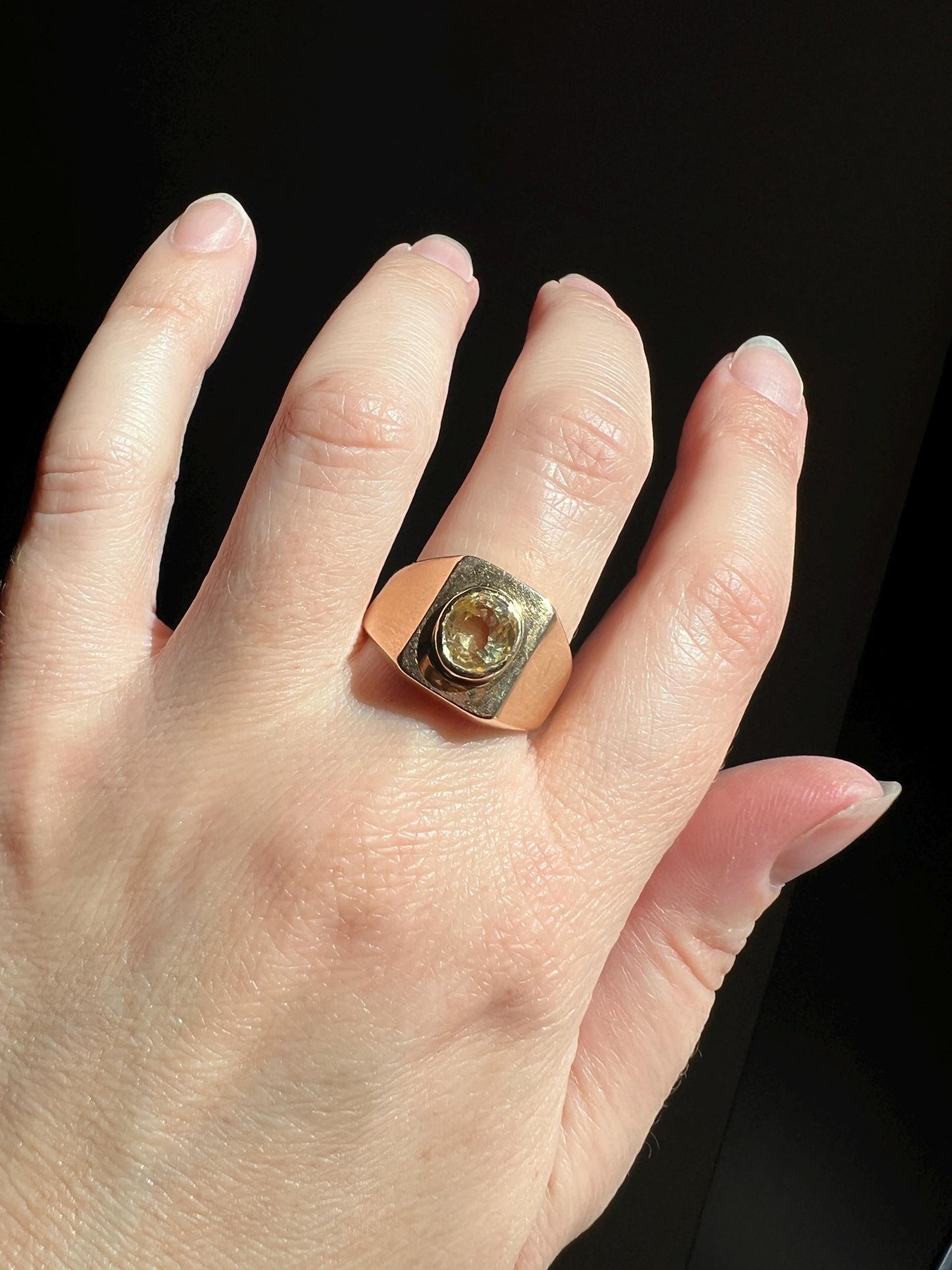 Chunky YELLOW SAPPHIRE French Vintage Art Deco Pale Canary Oval 18k Gold Ring CHUNKY Wide Band Signet Unisex Man or Stacker Rectangle Band