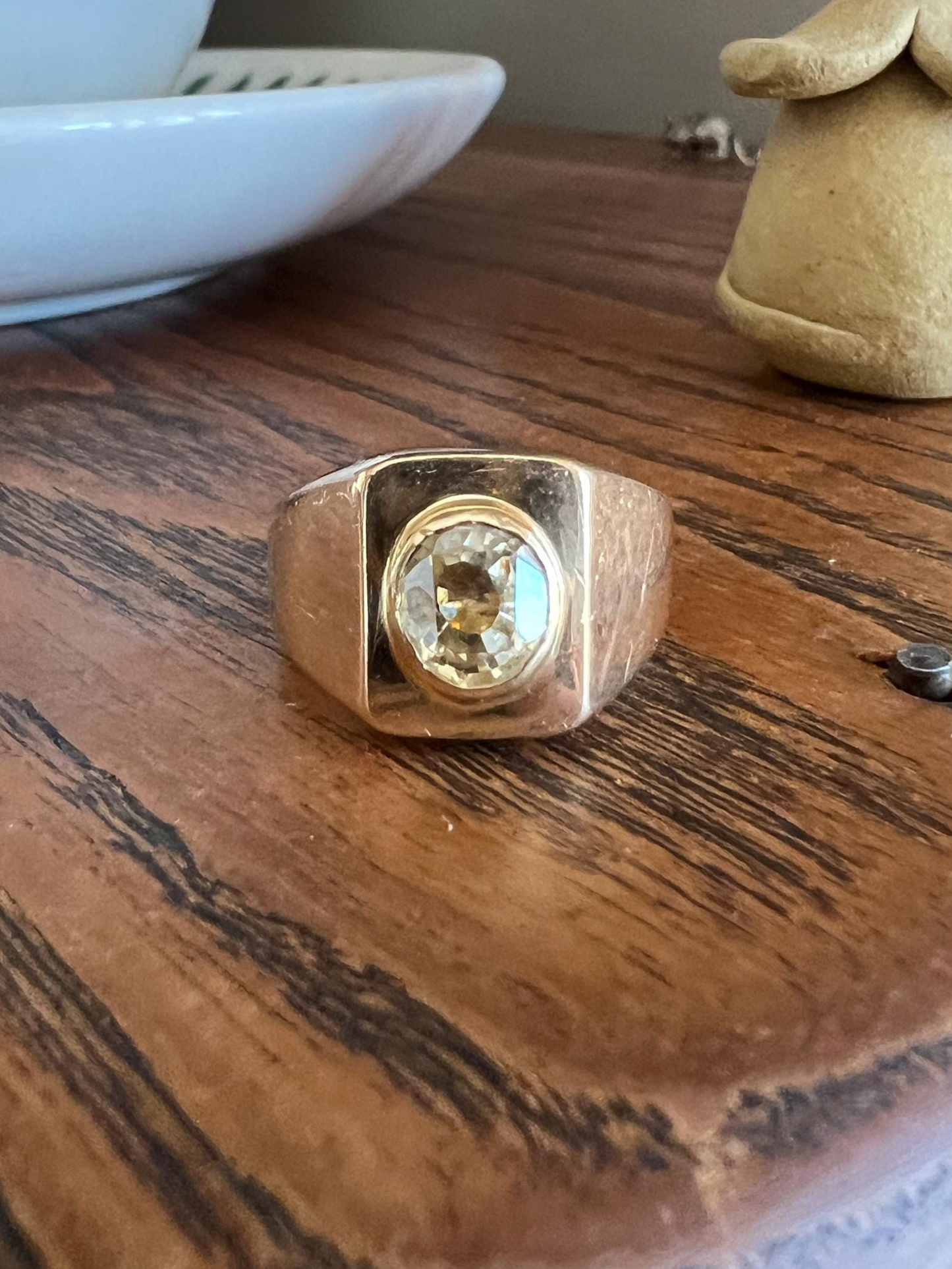 Chunky YELLOW SAPPHIRE French Vintage Art Deco Pale Canary Oval 18k Gold Ring CHUNKY Wide Band Signet Unisex Man or Stacker Rectangle Band