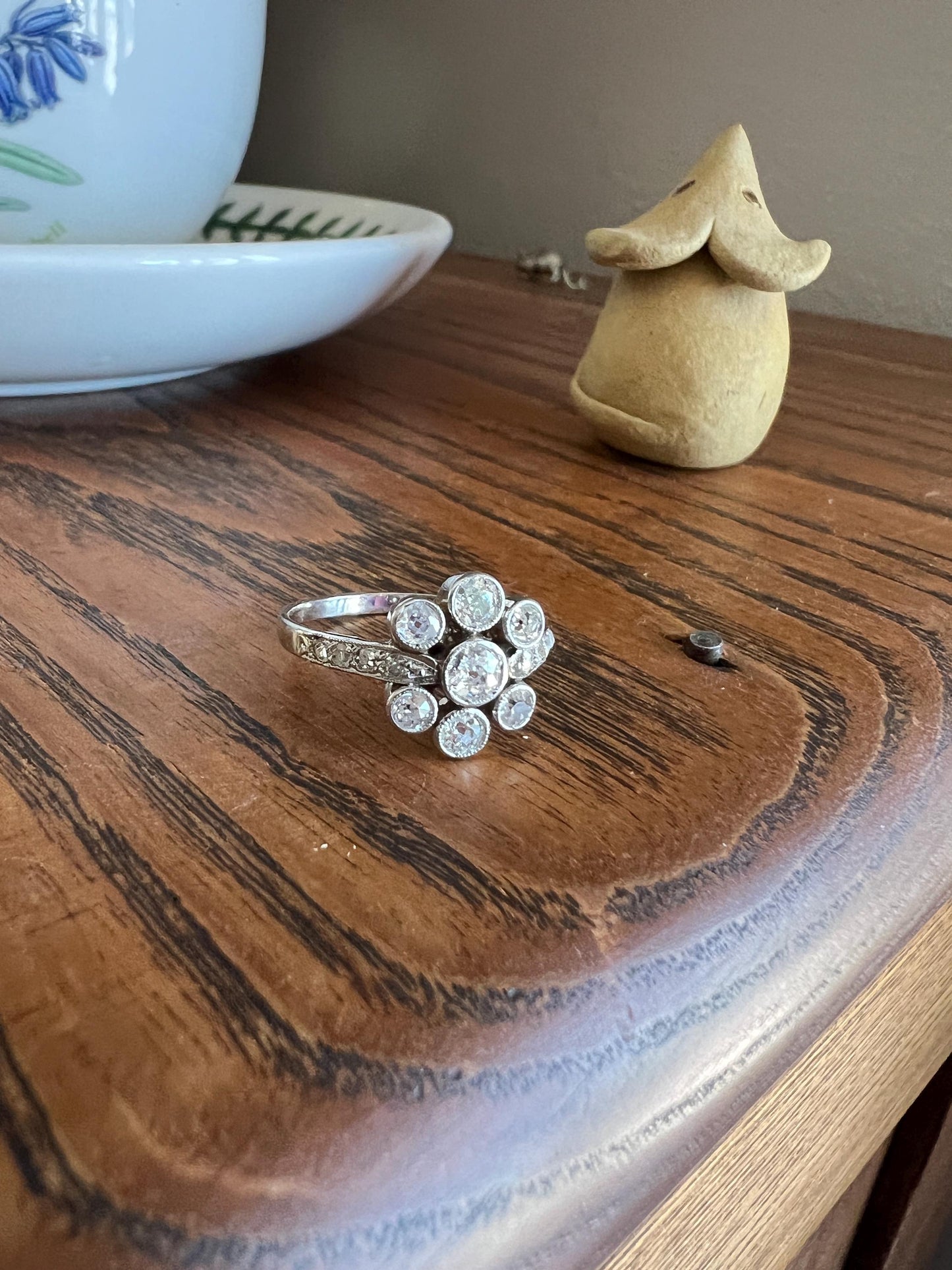 Unique 1 Carat Antique Rose & Old Mine Cut DIAMOND Seven Stone Cluster Ring 18k White Gold French Art Deco Bezel Set Halo OmC 1Ctw Tdw