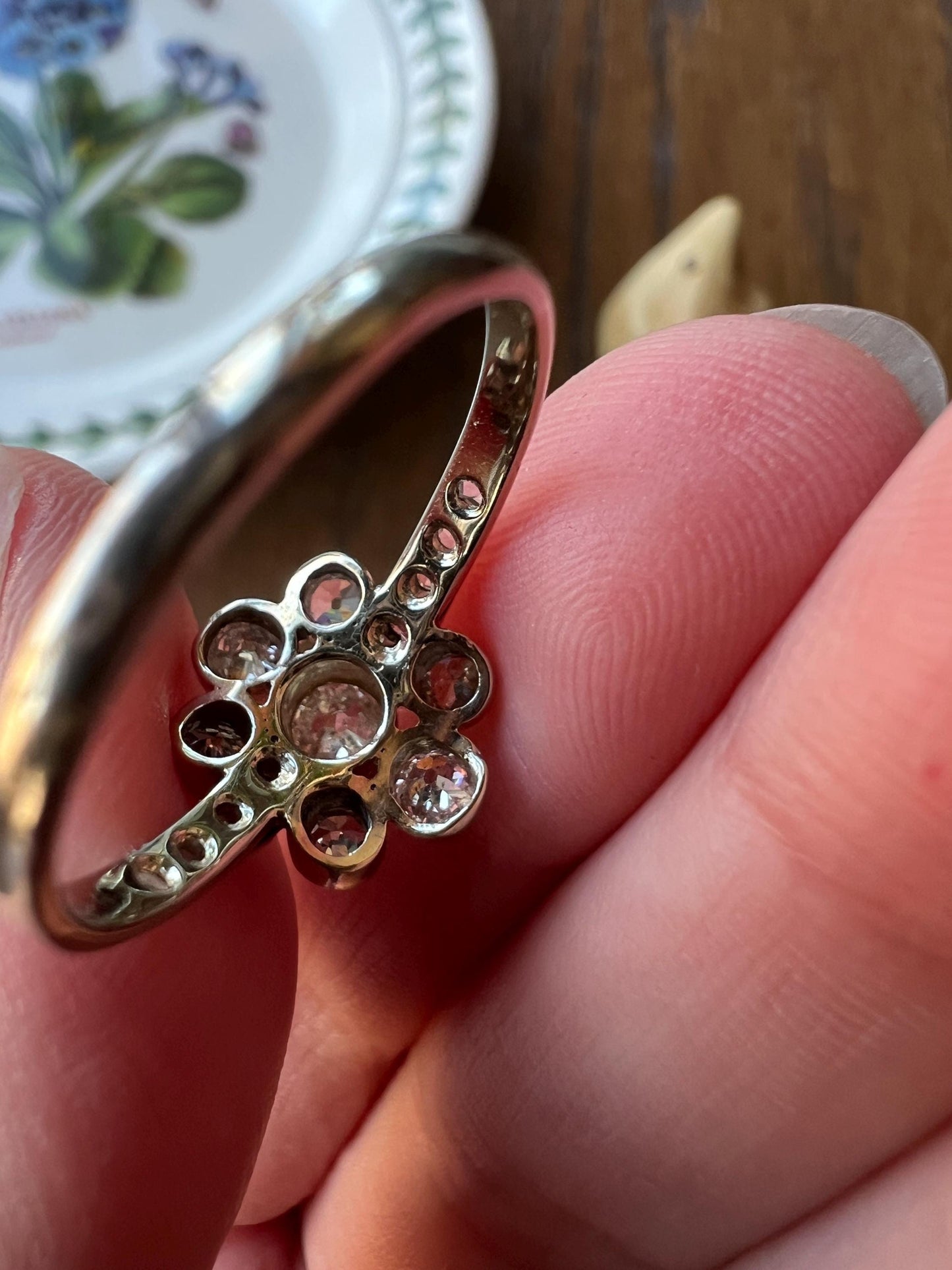 Unique 1 Carat Antique Rose & Old Mine Cut DIAMOND Seven Stone Cluster Ring 18k White Gold French Art Deco Bezel Set Halo OmC 1Ctw Tdw