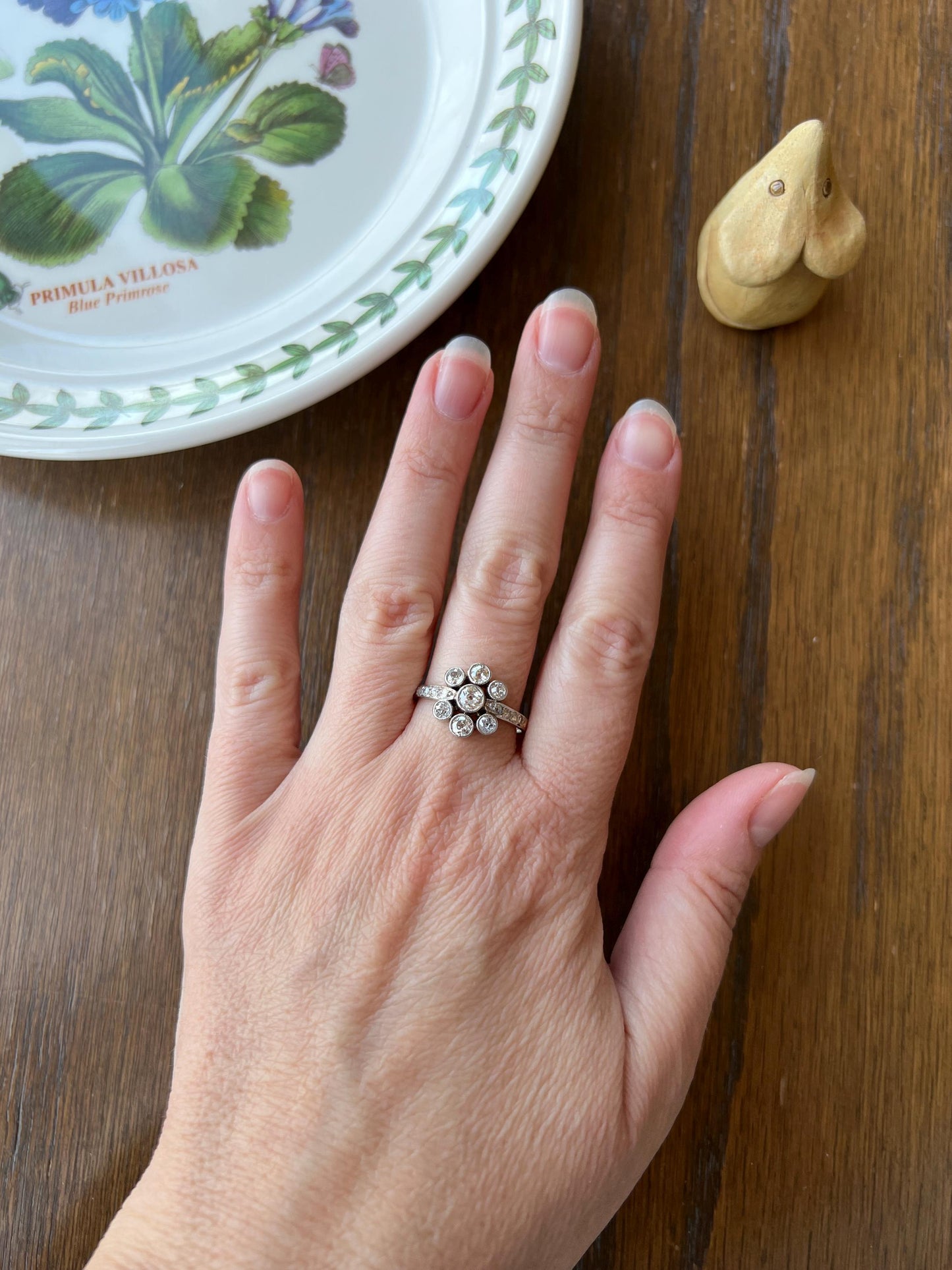 Unique 1 Carat Antique Rose & Old Mine Cut DIAMOND Seven Stone Cluster Ring 18k White Gold French Art Deco Bezel Set Halo OmC 1Ctw Tdw