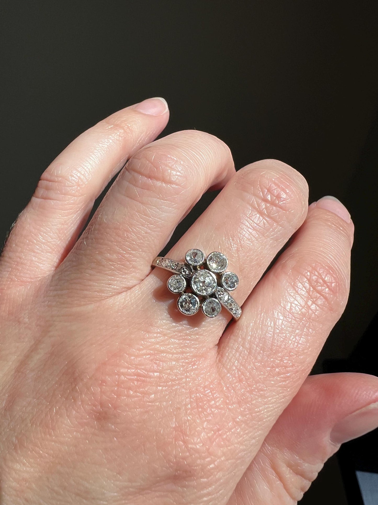 Unique 1 Carat Antique Rose & Old Mine Cut DIAMOND Seven Stone Cluster Ring 18k White Gold French Art Deco Bezel Set Halo OmC 1Ctw Tdw