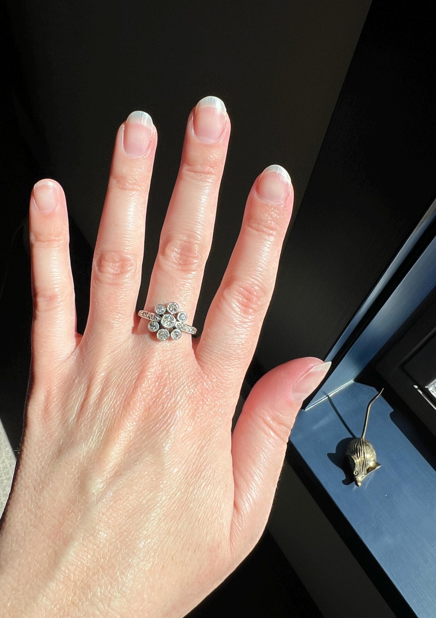 Unique 1 Carat Antique Rose & Old Mine Cut DIAMOND Seven Stone Cluster Ring 18k White Gold French Art Deco Bezel Set Halo OmC 1Ctw Tdw