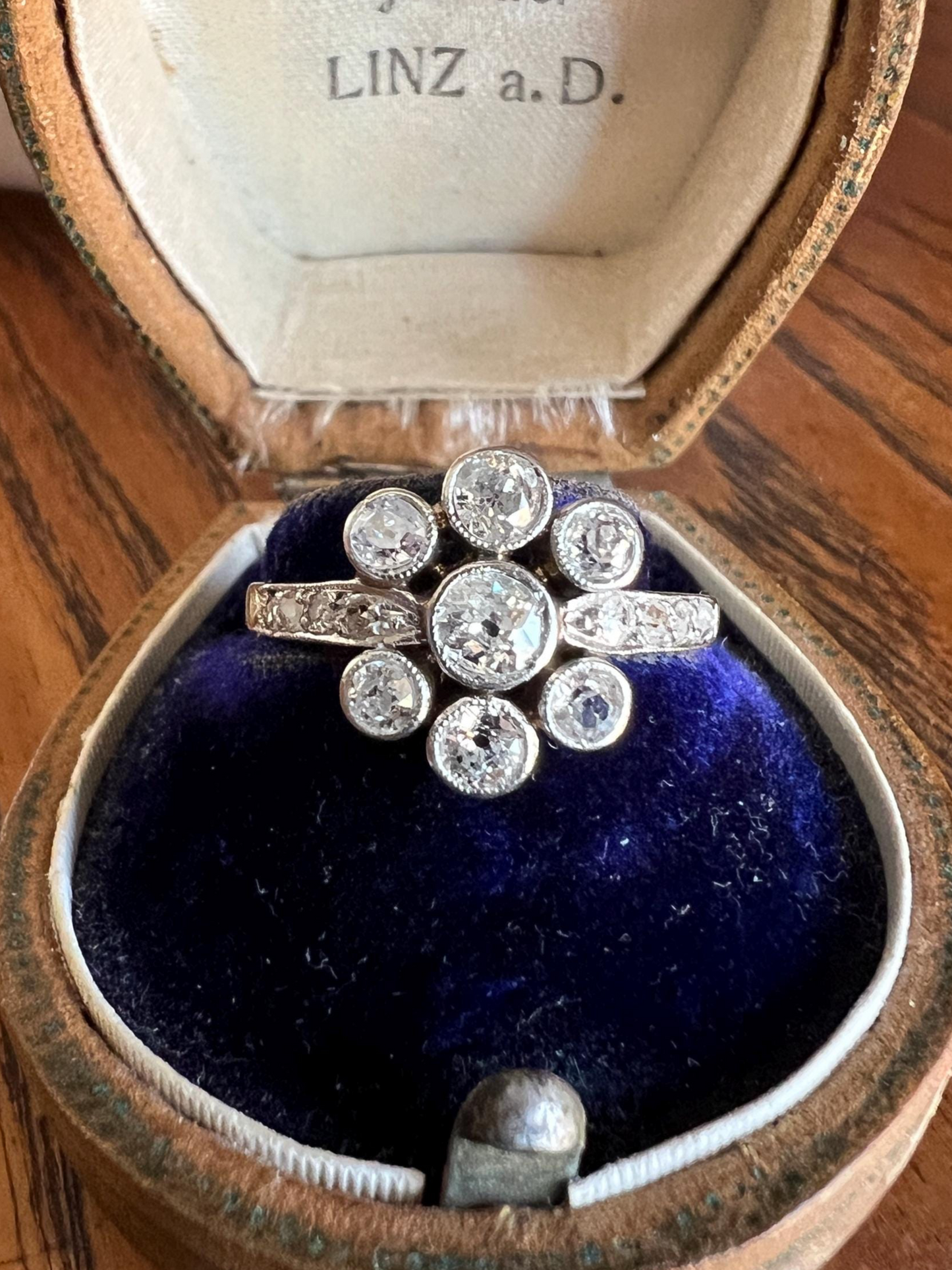 Unique 1 Carat Antique Rose & Old Mine Cut DIAMOND Seven Stone Cluster Ring 18k White Gold French Art Deco Bezel Set Halo