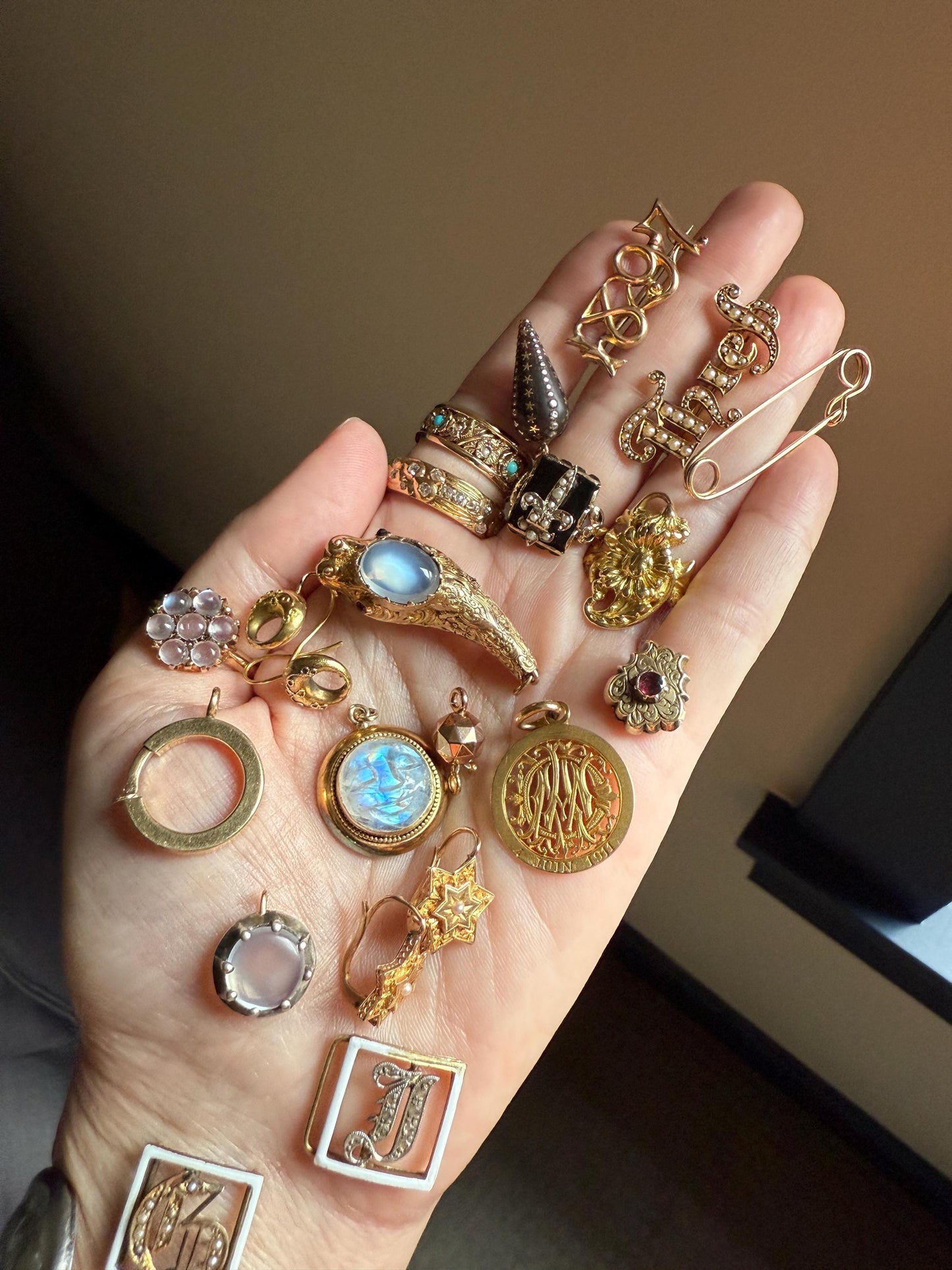 MOONSTONE Smiling SNAKE Large Victorian Antique Pendant CONNECTOR Extender Figural 10k Gold Solid Swivel Engraved Head Garnet Eyes