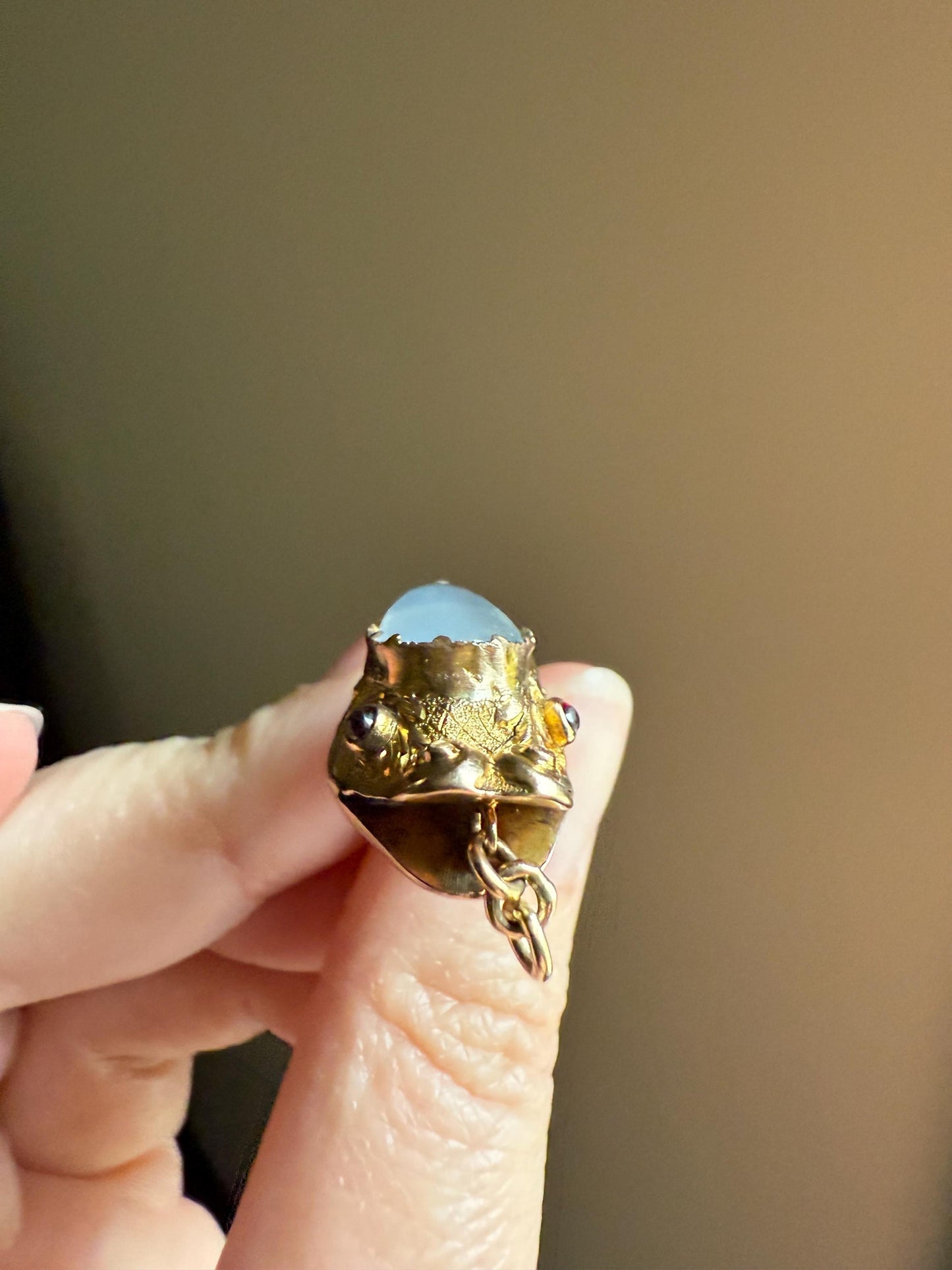 MOONSTONE Smiling SNAKE Large Victorian Antique Pendant CONNECTOR Extender Figural 10k Gold Solid Swivel Engraved Head Garnet Eyes