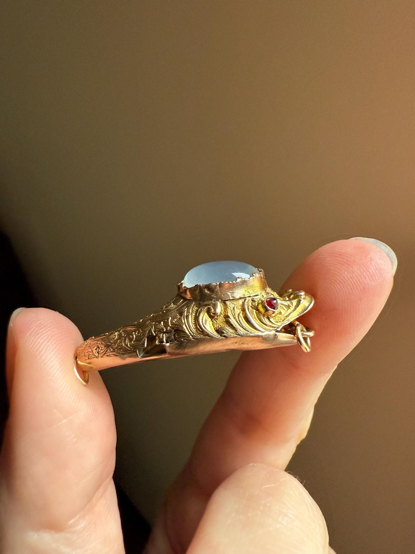MOONSTONE Smiling SNAKE Large Victorian Antique Pendant CONNECTOR Extender Figural 10k Gold Solid Swivel Engraved Head Garnet Eyes