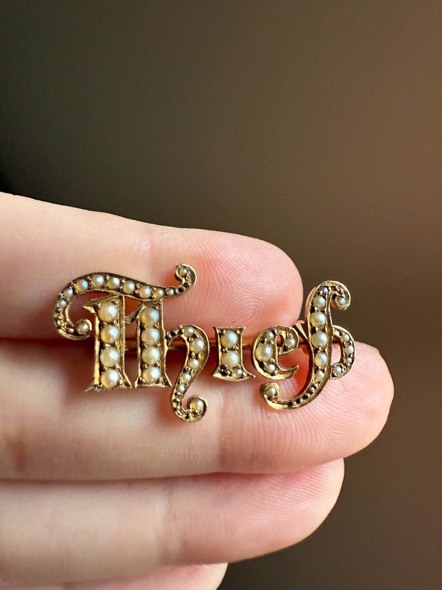 THIEF Antique VICTORIAN Pearl Encrusted Pin Brooch Figural 14k Gold Pendant Charm Holder Extender Parts Romantic "of my Heart?" Gift Figural