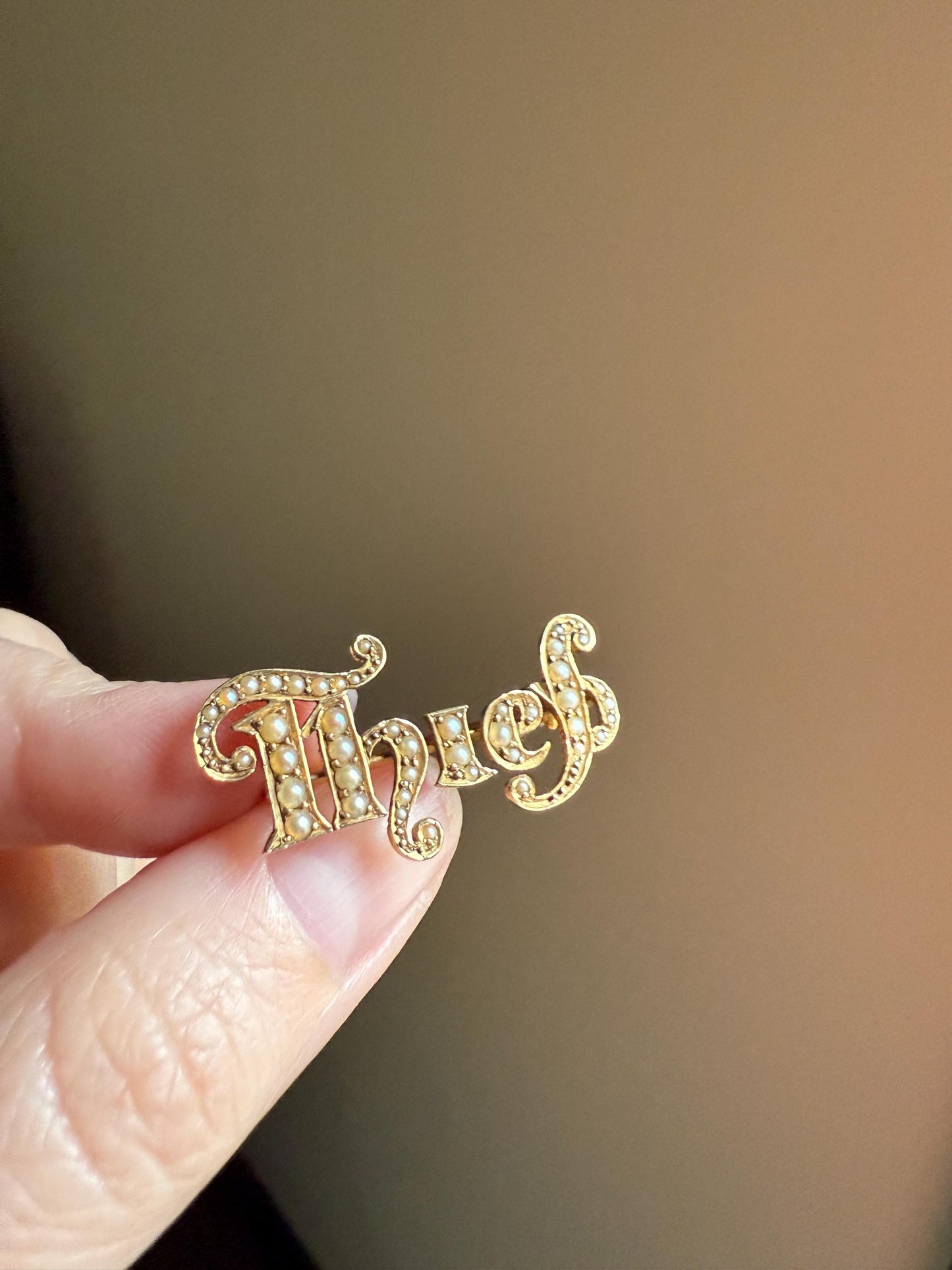 THIEF Antique VICTORIAN Pearl Encrusted Pin Brooch Figural 14k Gold Pendant Charm Holder Extender Parts Romantic "of my Heart?" Gift Figural