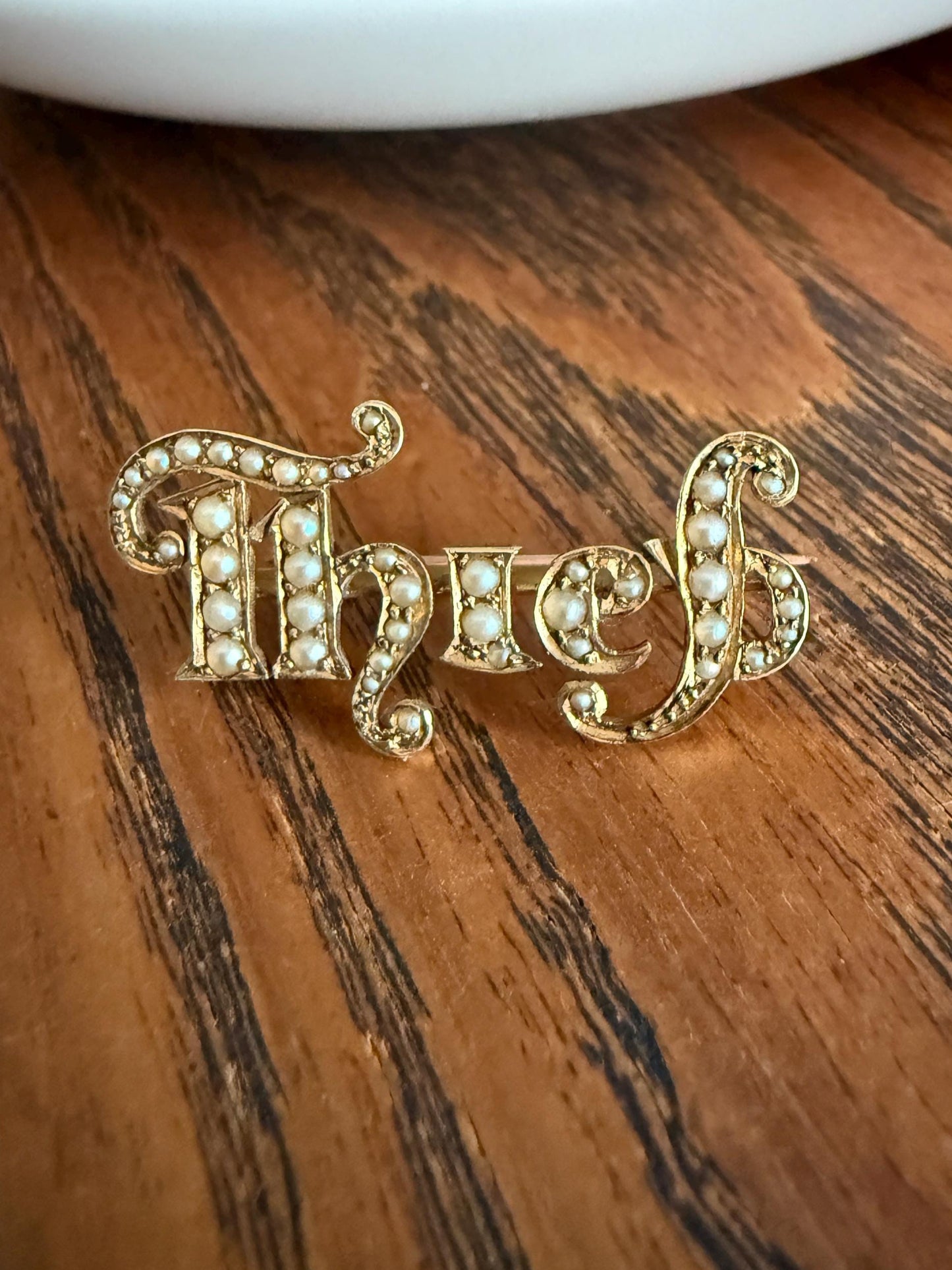 THIEF Antique VICTORIAN Pearl Encrusted Pin Brooch Figural 14k Gold Pendant Charm Holder Extender Parts Romantic "of my Heart?" Gift Figural
