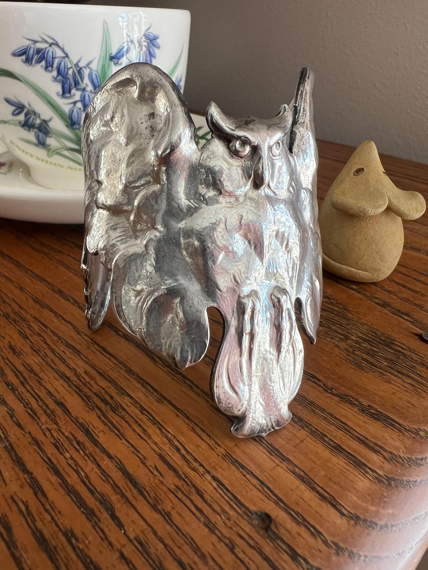 OWL French Antique Silver Plate Figural Cuff Bracelet LARGE Art Nouveau Unique Bangle Lifelike Sculpted Design Statement Piece Wisdom Wise
