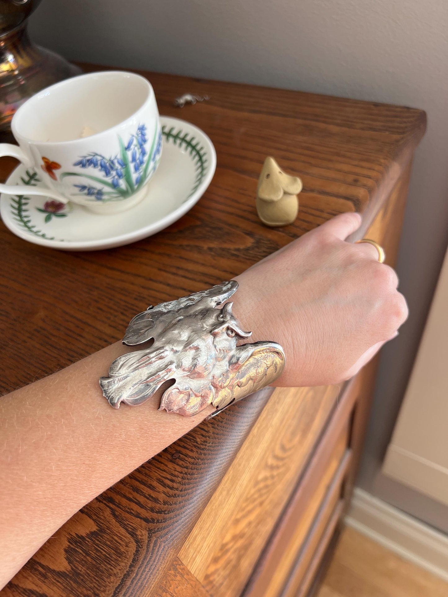 OWL French Antique Silver Plate Figural Cuff Bracelet LARGE Art Nouveau Unique Bangle Lifelike Sculpted Design Statement Piece Wisdom Wise