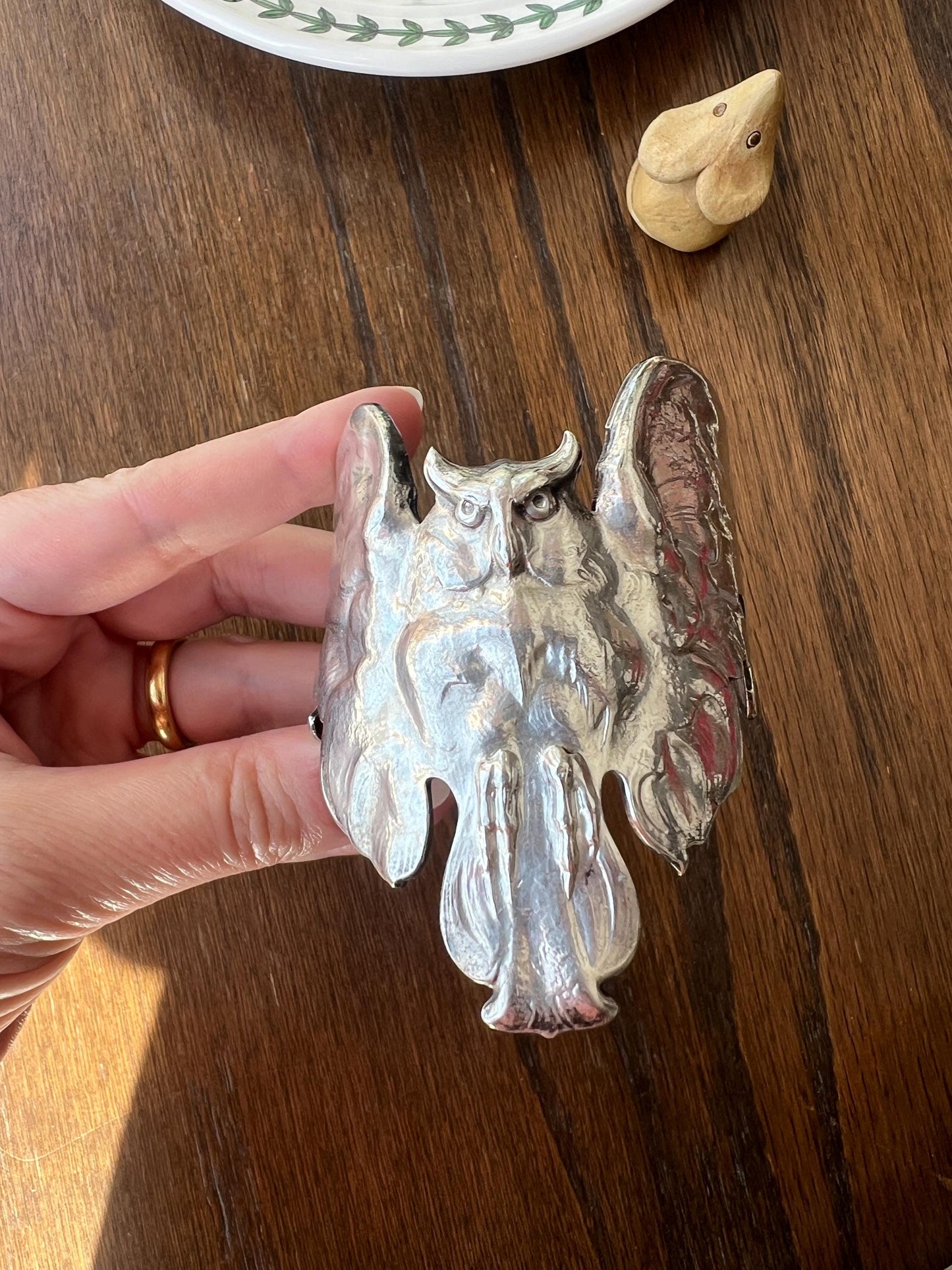 OWL French Antique Silver Plate Figural Cuff Bracelet LARGE Art Nouveau Unique Bangle Lifelike Sculpted Design Statement Piece Wisdom Wise