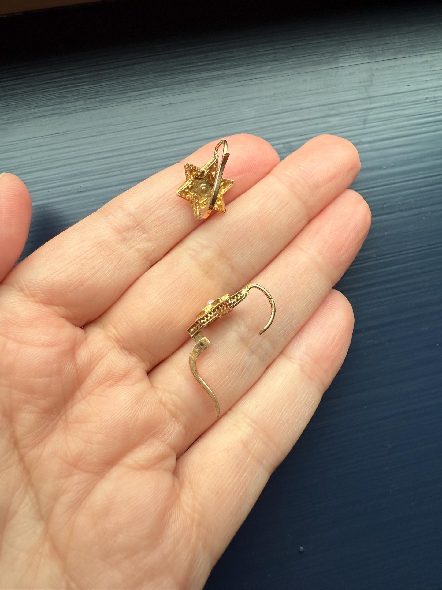 STAR Floral Pearl French Antique Victorian 18k GOLD Tricolor Green Dormeuse Dangle EARRINGS Romantic Gift Bridal Something Old Figural