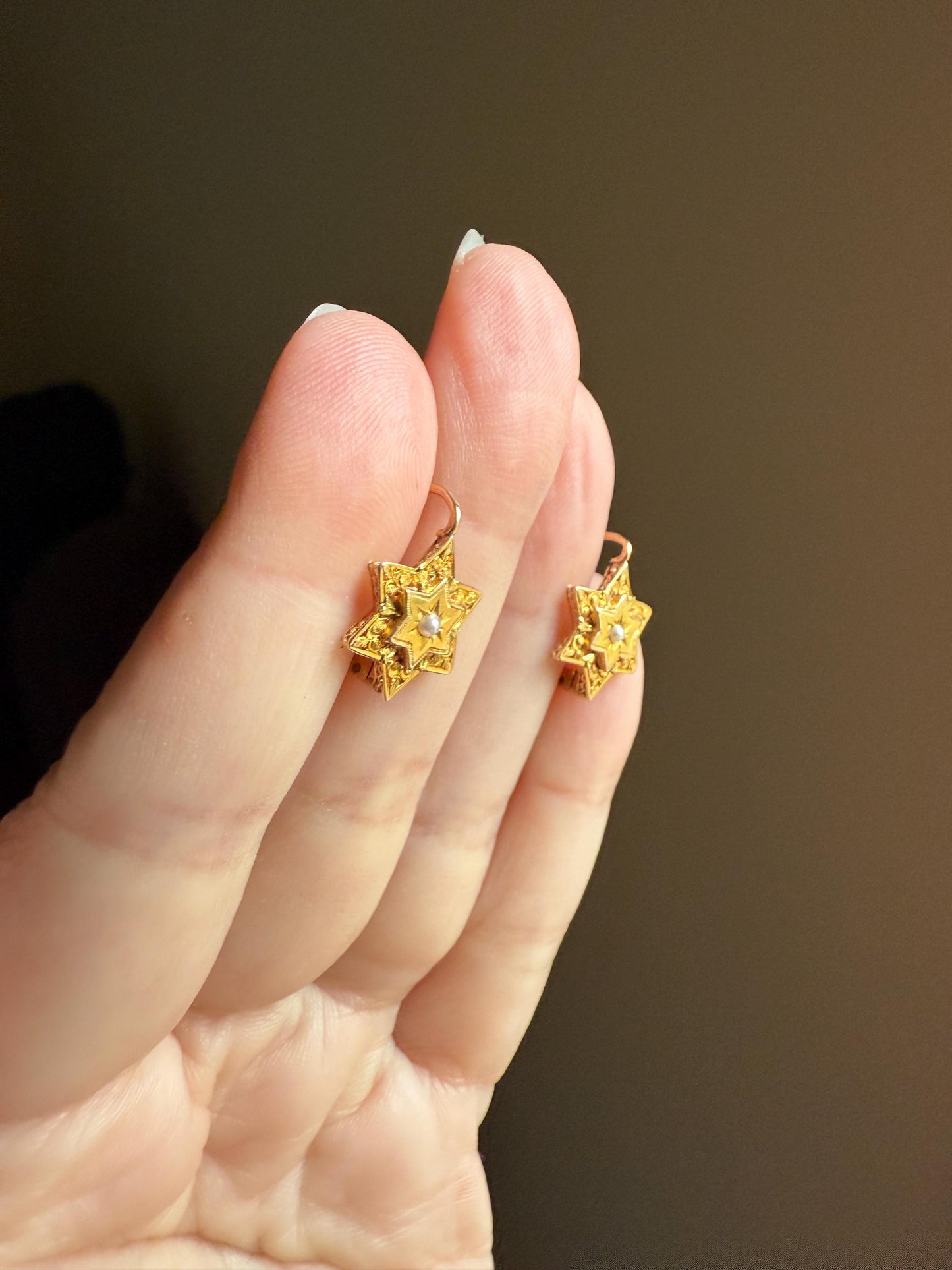 STAR Floral Pearl French Antique Victorian 18k GOLD Tricolor Green Dormeuse Dangle EARRINGS Romantic Gift Bridal Something Old Figural
