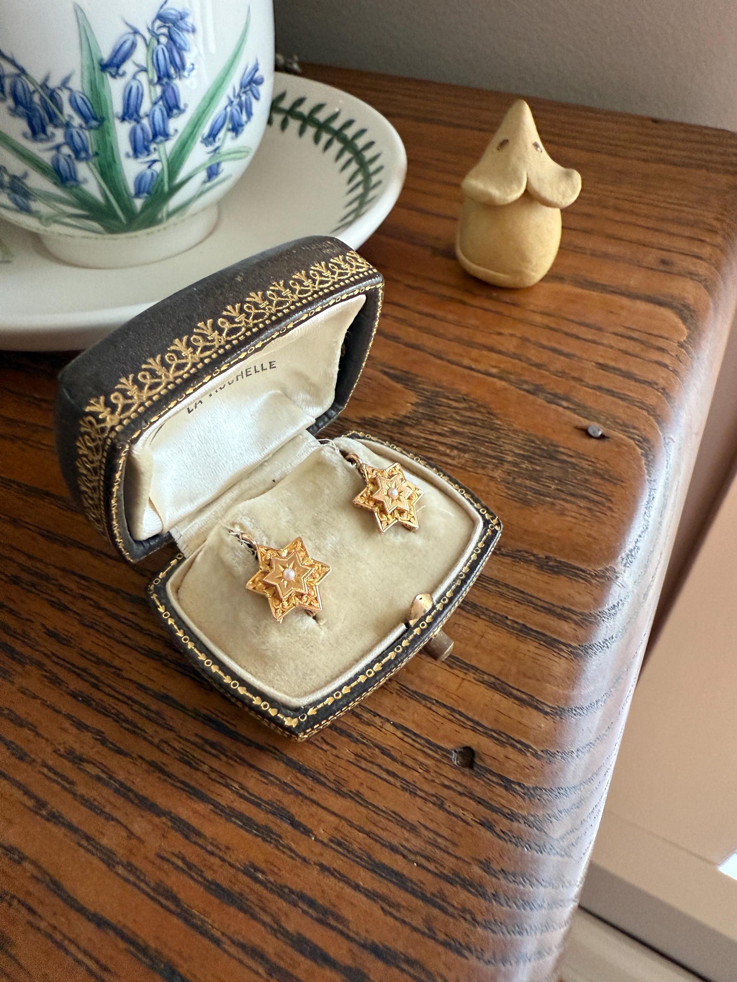 STAR Floral Pearl French Antique Victorian 18k GOLD Tricolor Green Dormeuse Dangle EARRINGS Romantic Gift Bridal Something Old Figural