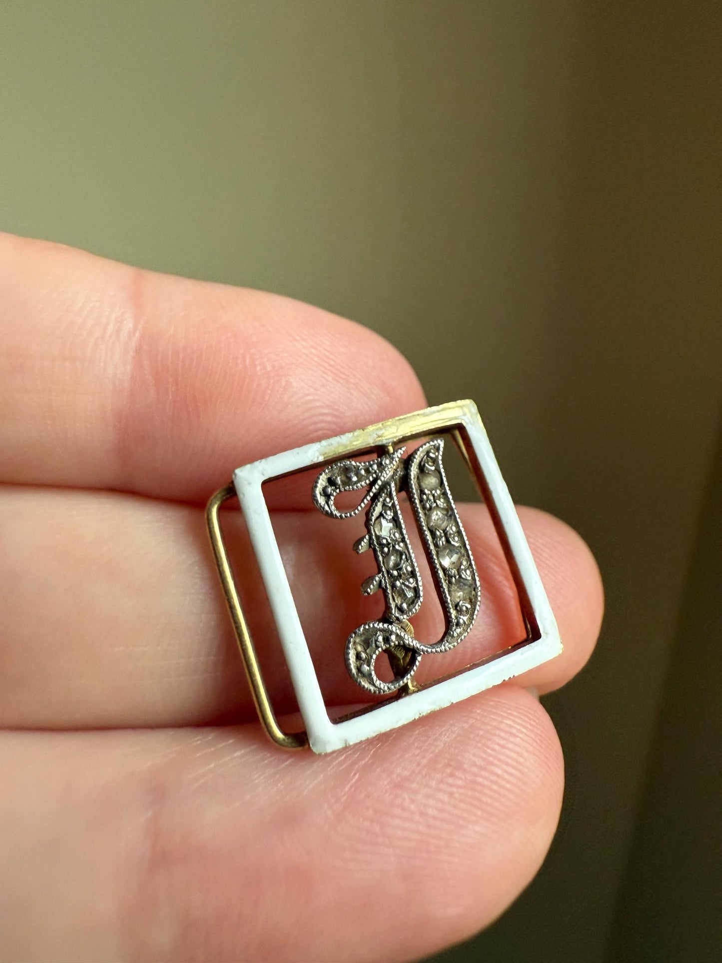 Antique INITIAL J F Slide Letter Rose Cut DIAMOND Pendant 14k Gold Enamel Bracelet Necklace Charm Gift Symbol Victorian Art Deco Geometric