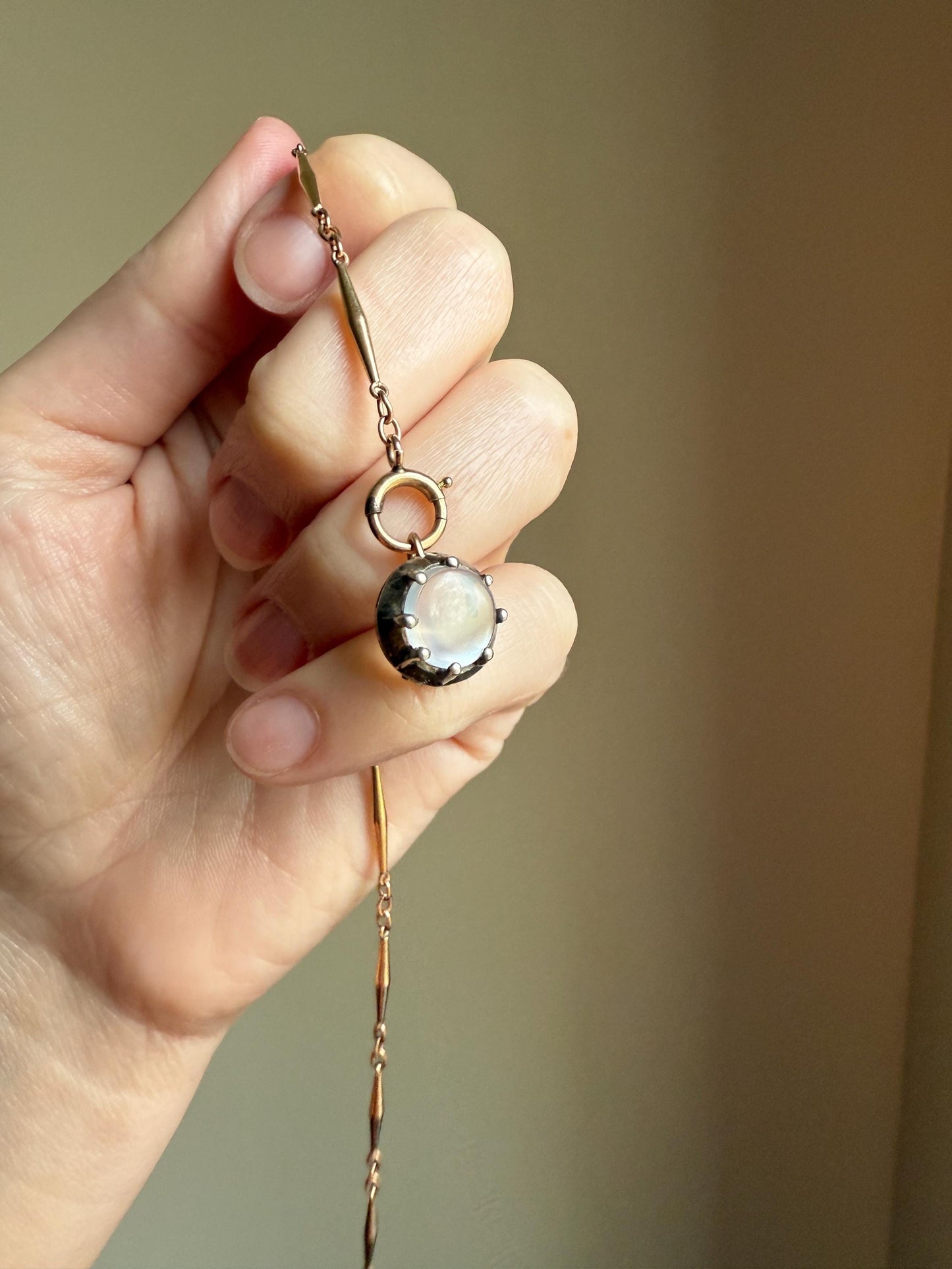 Gray Blue MOONSTONE Antique Pendant 18k Gold Silver Collet Set Glowing Orb Flash Victorian Georgian Necklace or Bracelet Charm Unique Gift