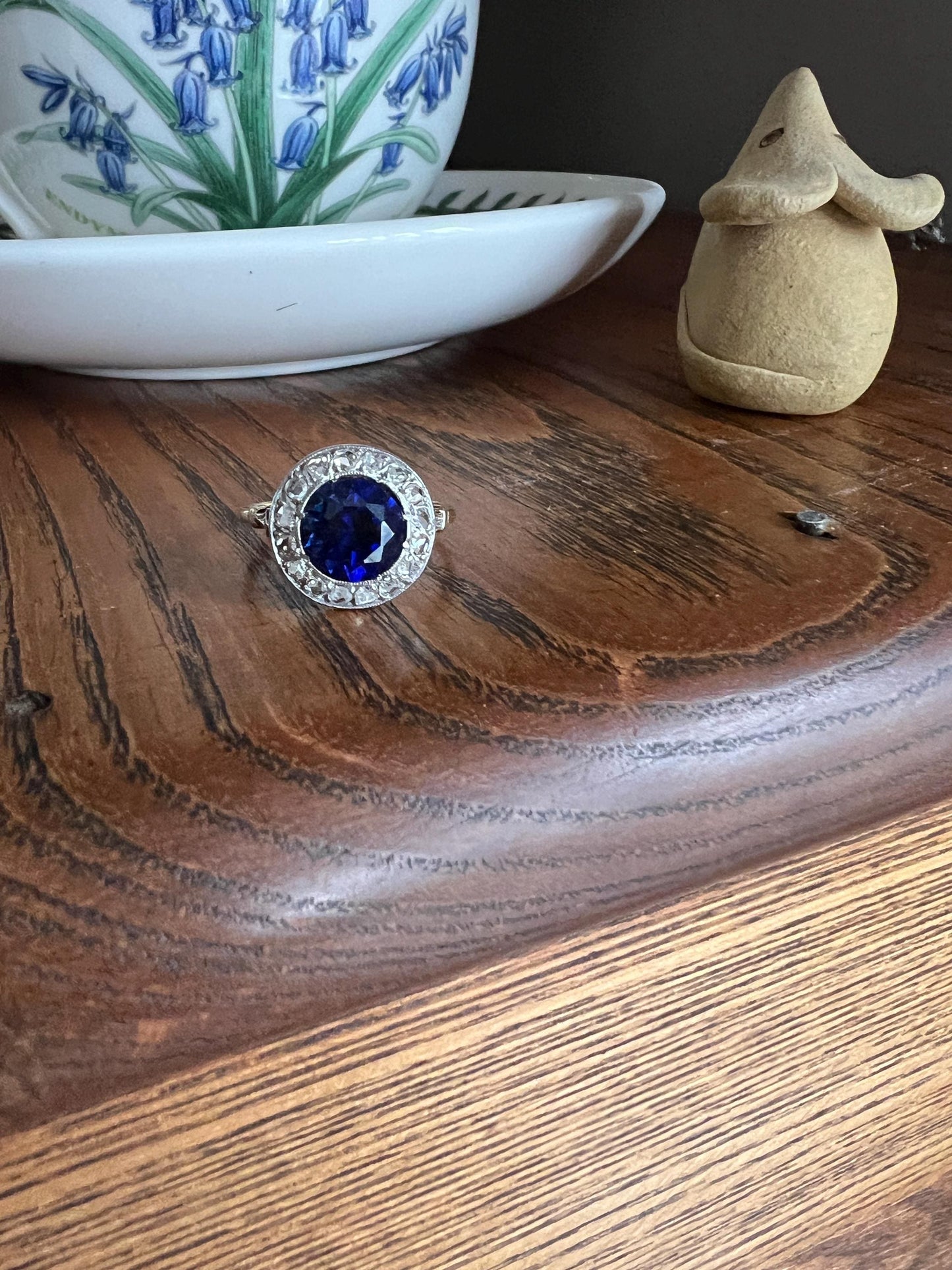 Blue Sapphire Rose Cut DIAMOND Halo Ring French Antique Band Ring 18k Gold Platinum Round Bullseye Target Stacker Romantic Gift