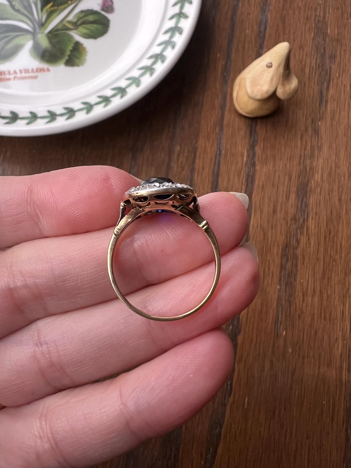 Blue Sapphire Rose Cut DIAMOND Halo Ring French Antique Band Ring 18k Gold Platinum Round Bullseye Target Stacker Romantic Gift