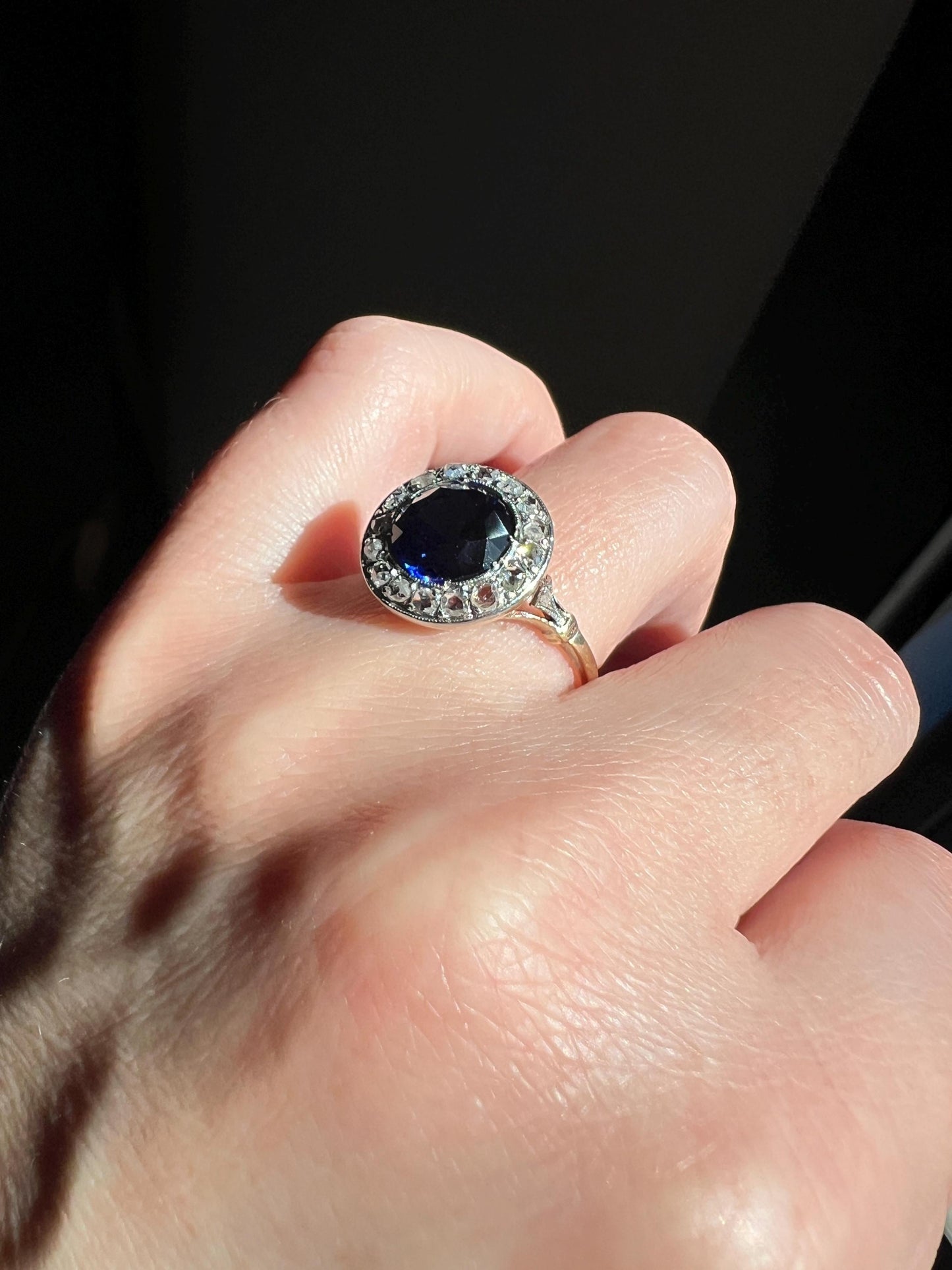 Blue Sapphire Rose Cut DIAMOND Halo Ring French Antique Band Ring 18k Gold Platinum Round Bullseye Target Stacker Romantic Gift