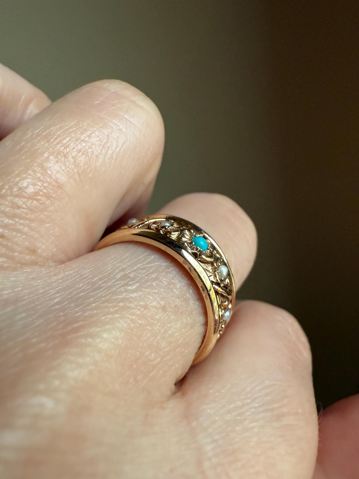 FLORAL Vintage to Art Deco Pearl Turquoise Chunky 7.5mm Wide Band Eternity Ring 6.4g 14k Gold Ornate Detailed Flower Stacker Wedding Heavy