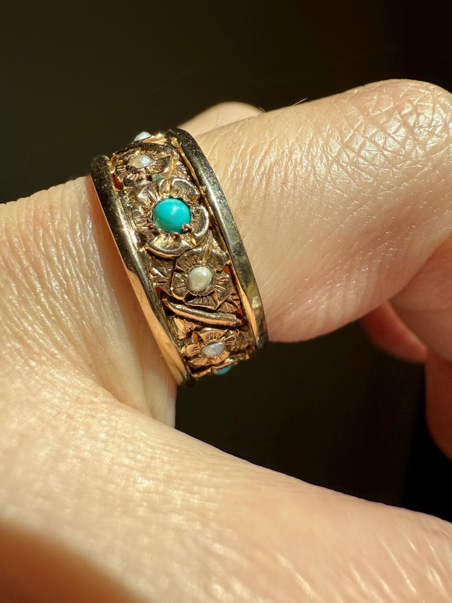 FLORAL Vintage to Art Deco Pearl Turquoise Chunky 7.5mm Wide Band Eternity Ring 6.4g 14k Gold Ornate Detailed Flower Stacker Wedding Heavy