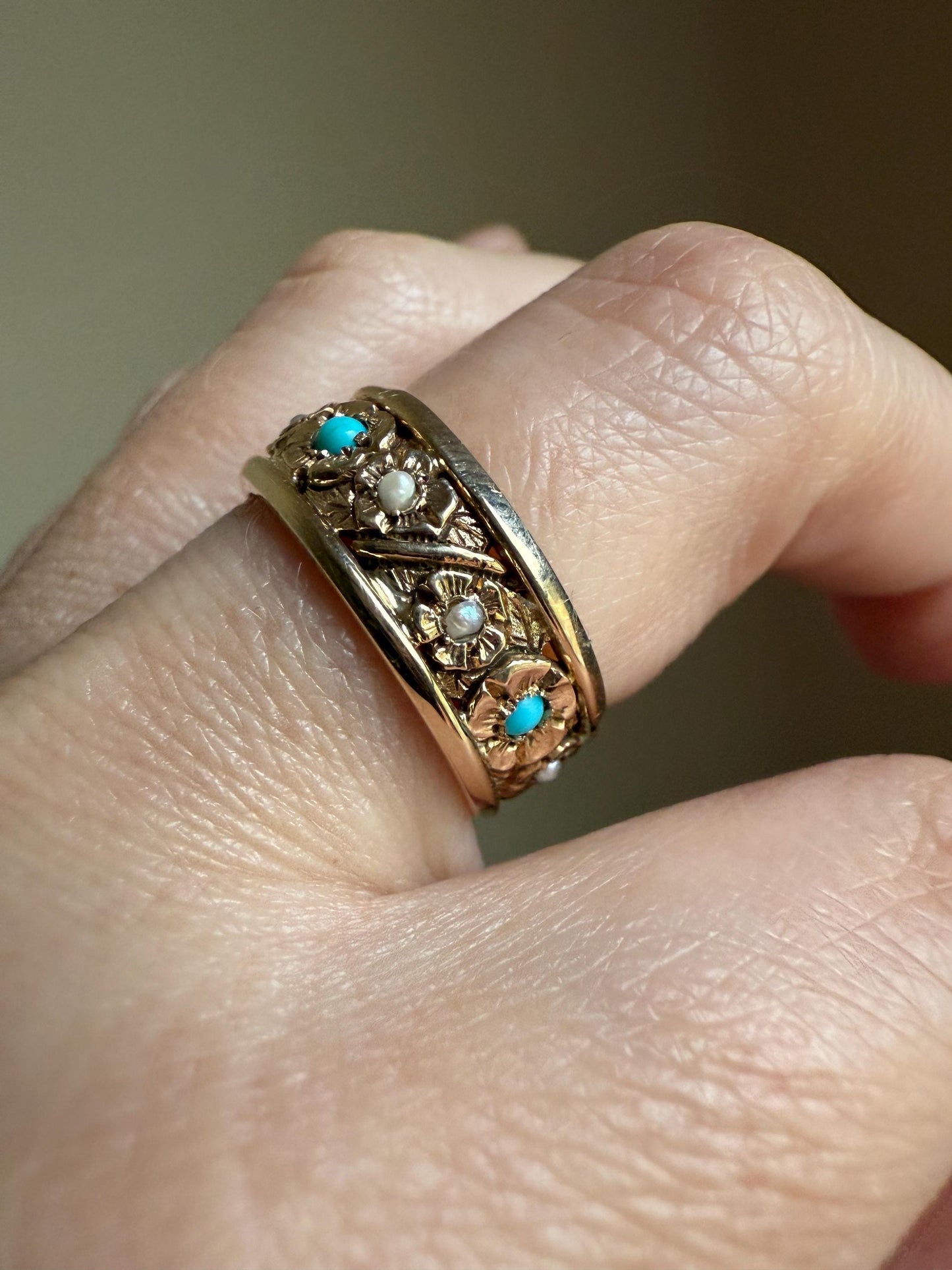 FLORAL Vintage to Art Deco Pearl Turquoise Chunky 7.5mm Wide Band Eternity Ring 6.4g 14k Gold Ornate Detailed Flower Stacker Wedding Heavy