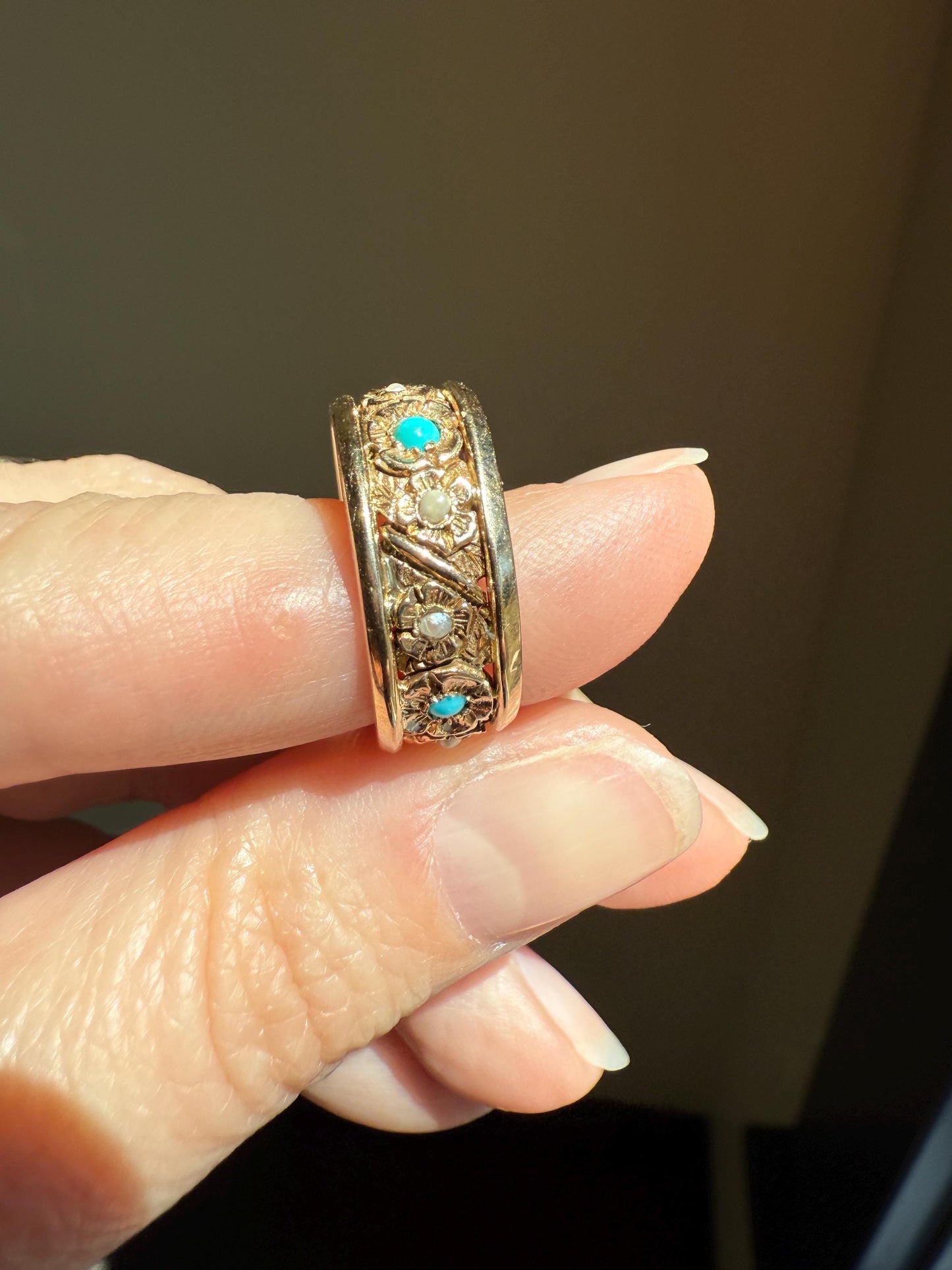 FLORAL Vintage to Art Deco Pearl Turquoise Chunky 7.5mm Wide Band Eternity Ring 6.4g 14k Gold Ornate Detailed Flower Stacker Wedding Heavy