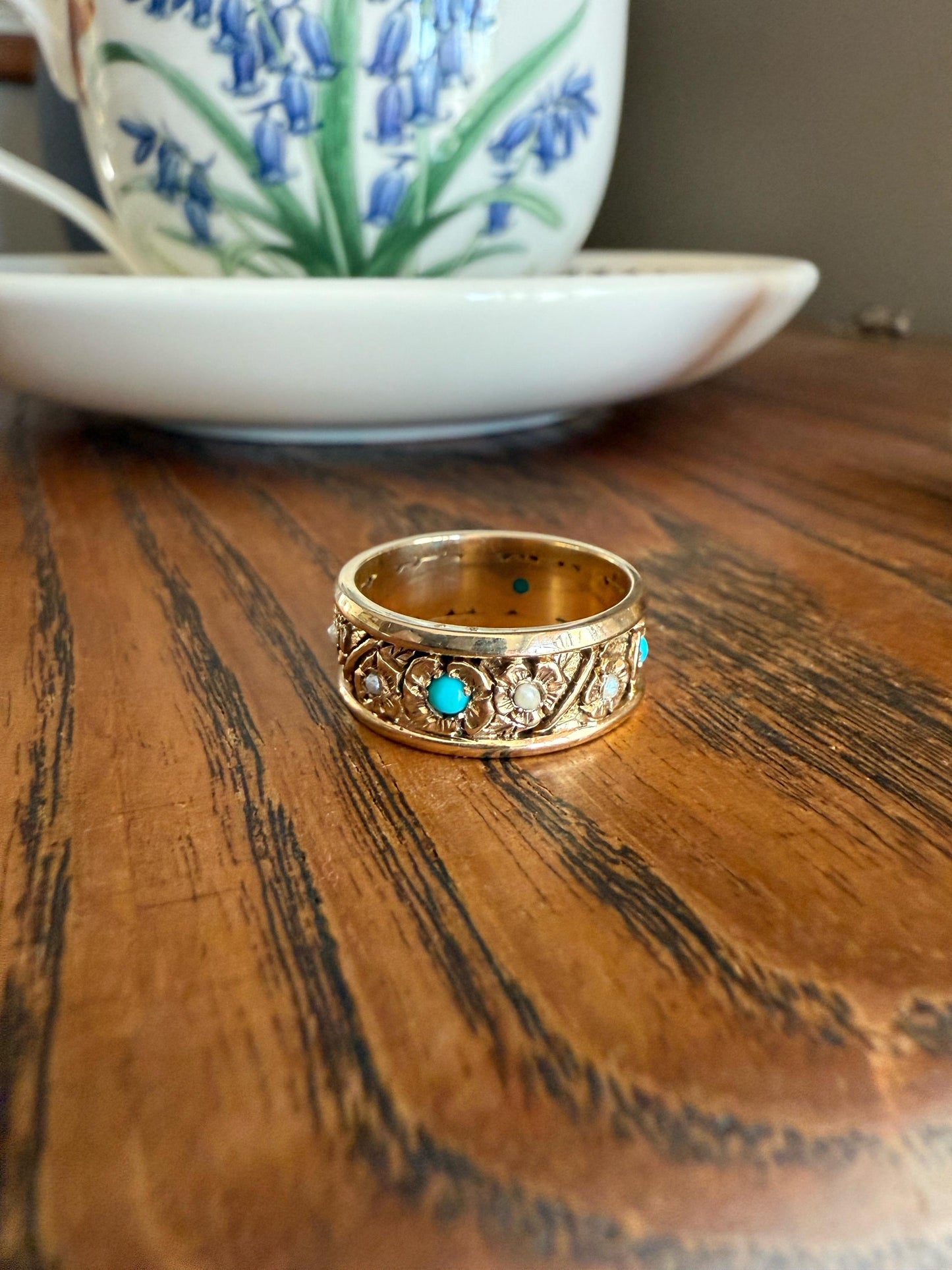 FLORAL Vintage to Art Deco Pearl Turquoise Chunky 7.5mm Wide Band Eternity Ring 6.4g 14k Gold Ornate Detailed Flower Stacker Wedding Heavy