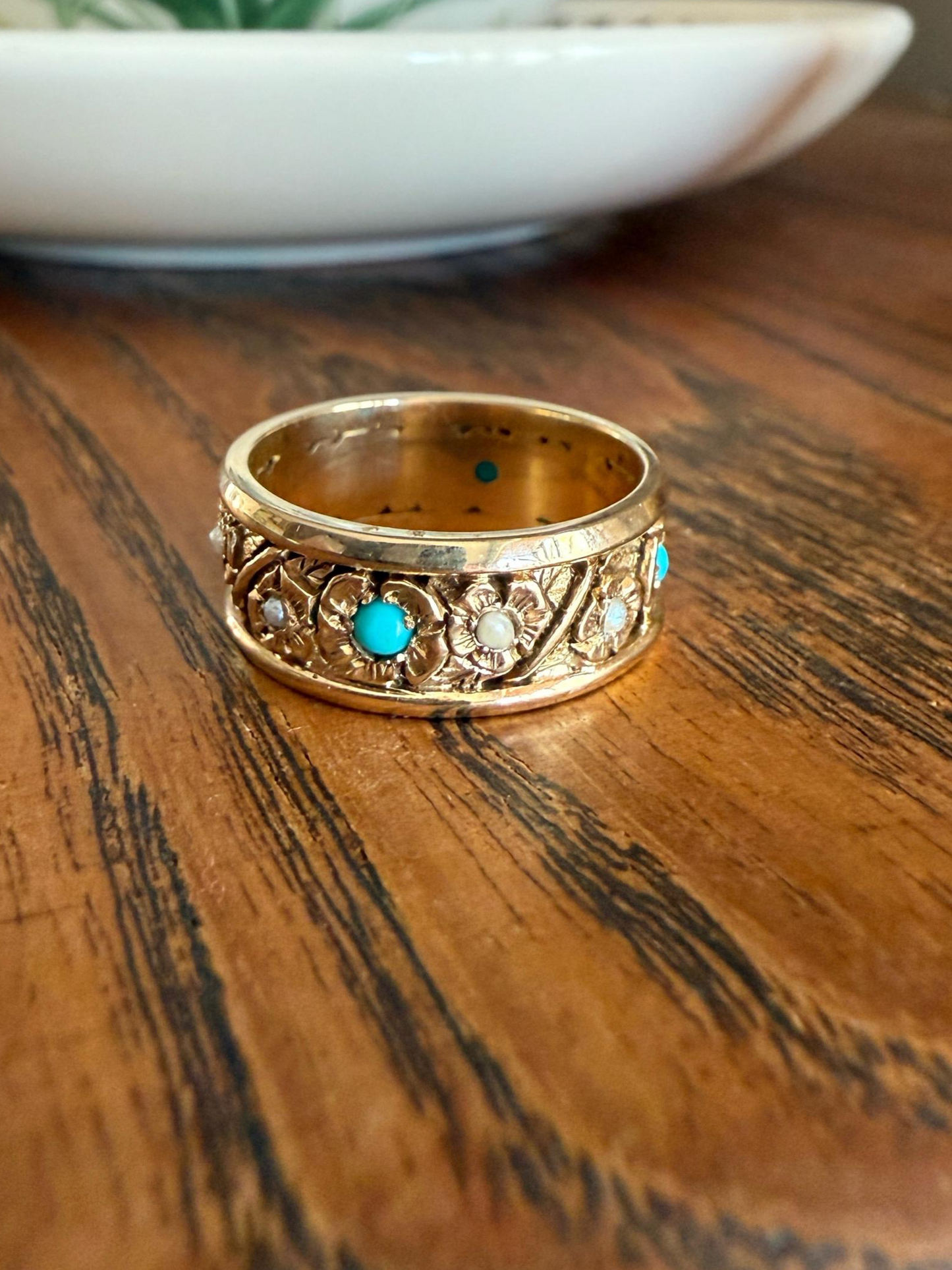 FLORAL Vintage to Art Deco Pearl Turquoise Chunky 7.5mm Wide Band Eternity Ring 6.4g 14k Gold Ornate Detailed Flower Stacker
