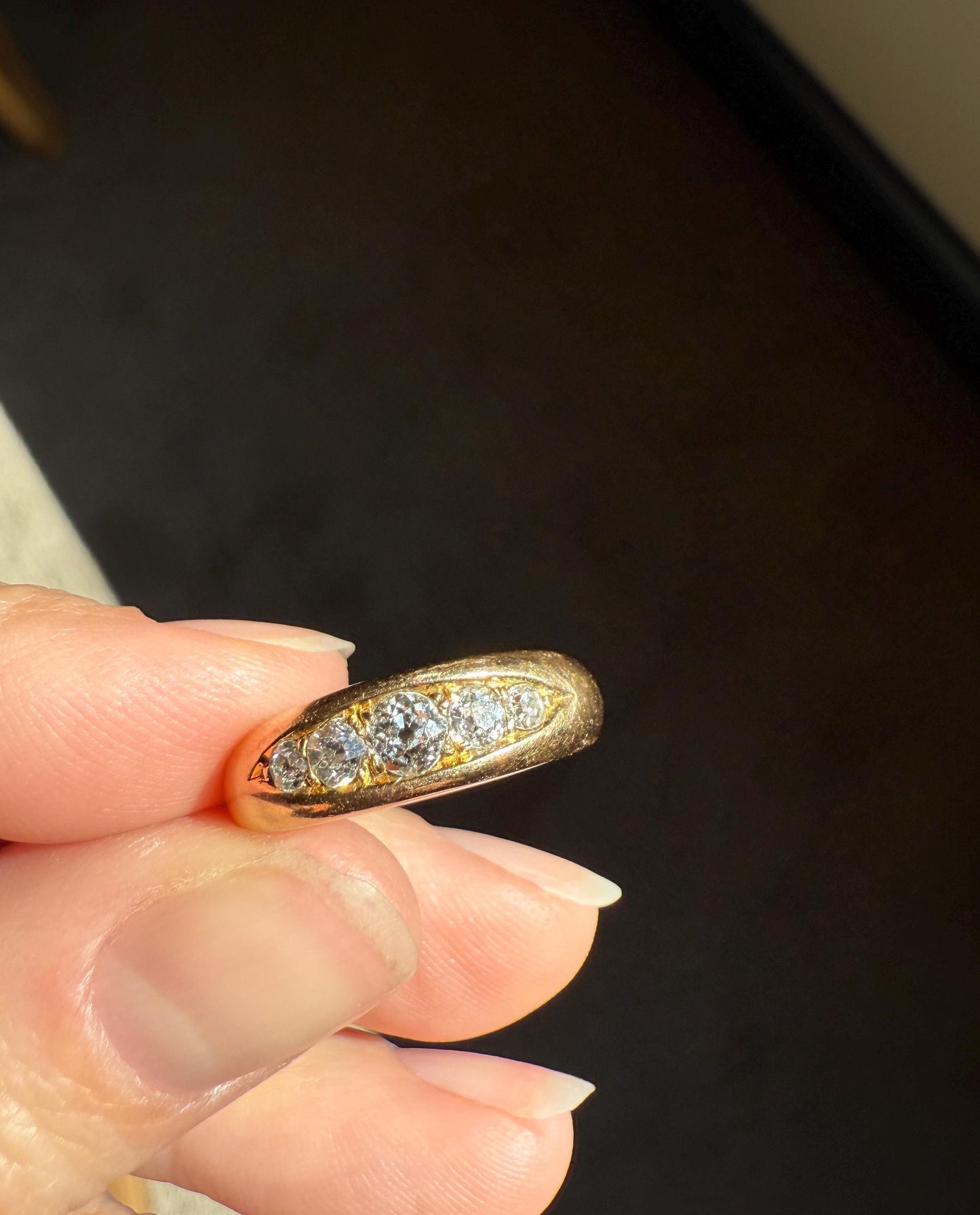Antique Old Mine Cut DIAMOND Five Stone Wide Band 18k Gold Solid Ring Victorian Stacker Chunky Domed Wedding Romantic Gift OmC