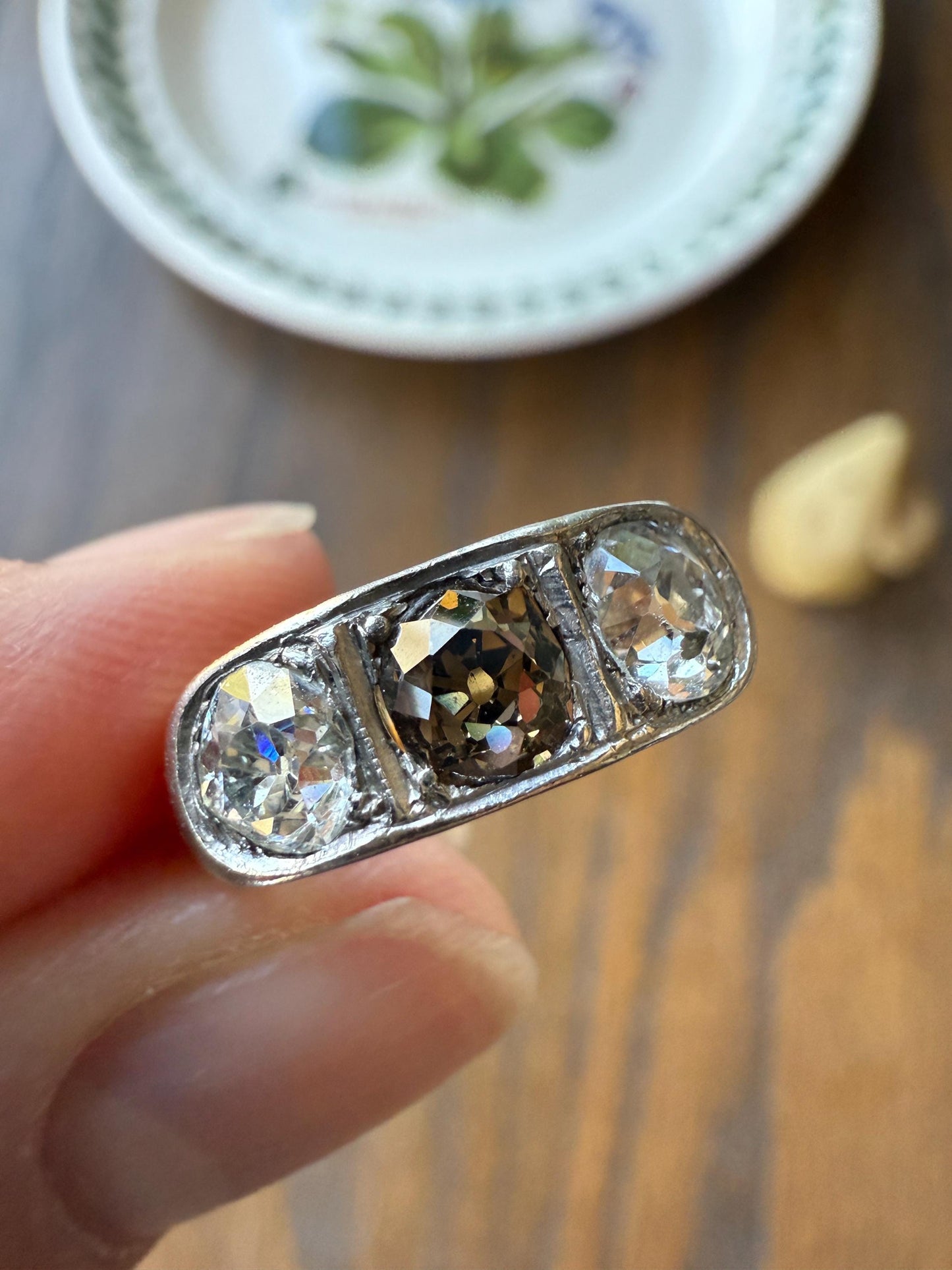 Chunky 1.65 Carat Antique Three Stone Old Mine Cut Diamond Chocolate Cognac Wide Band 18k Gold French Ring Belle Epoque Stacker Unisex Gift